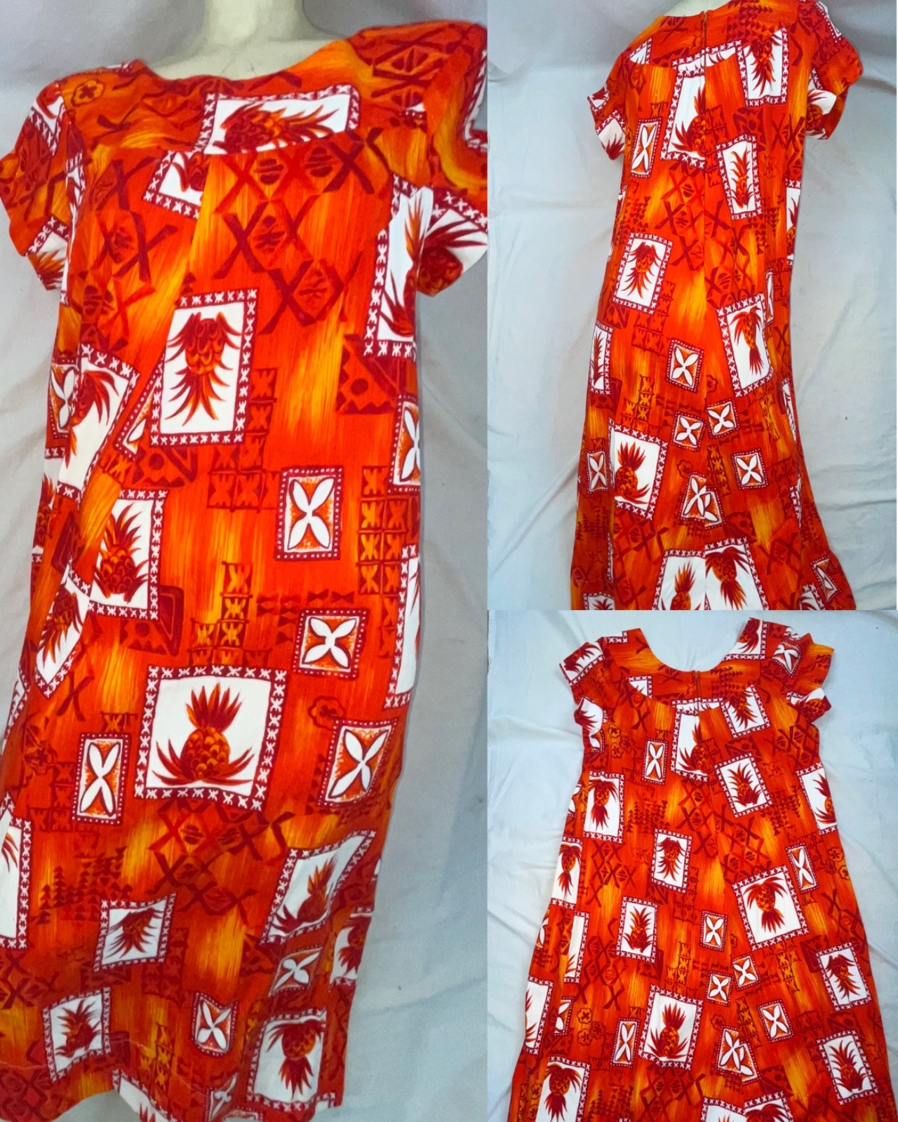 VTG 60S 70S WOMENS BARKCLOTH PINEAPPLE ORANGE FLOWER DISCO RETRO HAWAIIAN DRESS