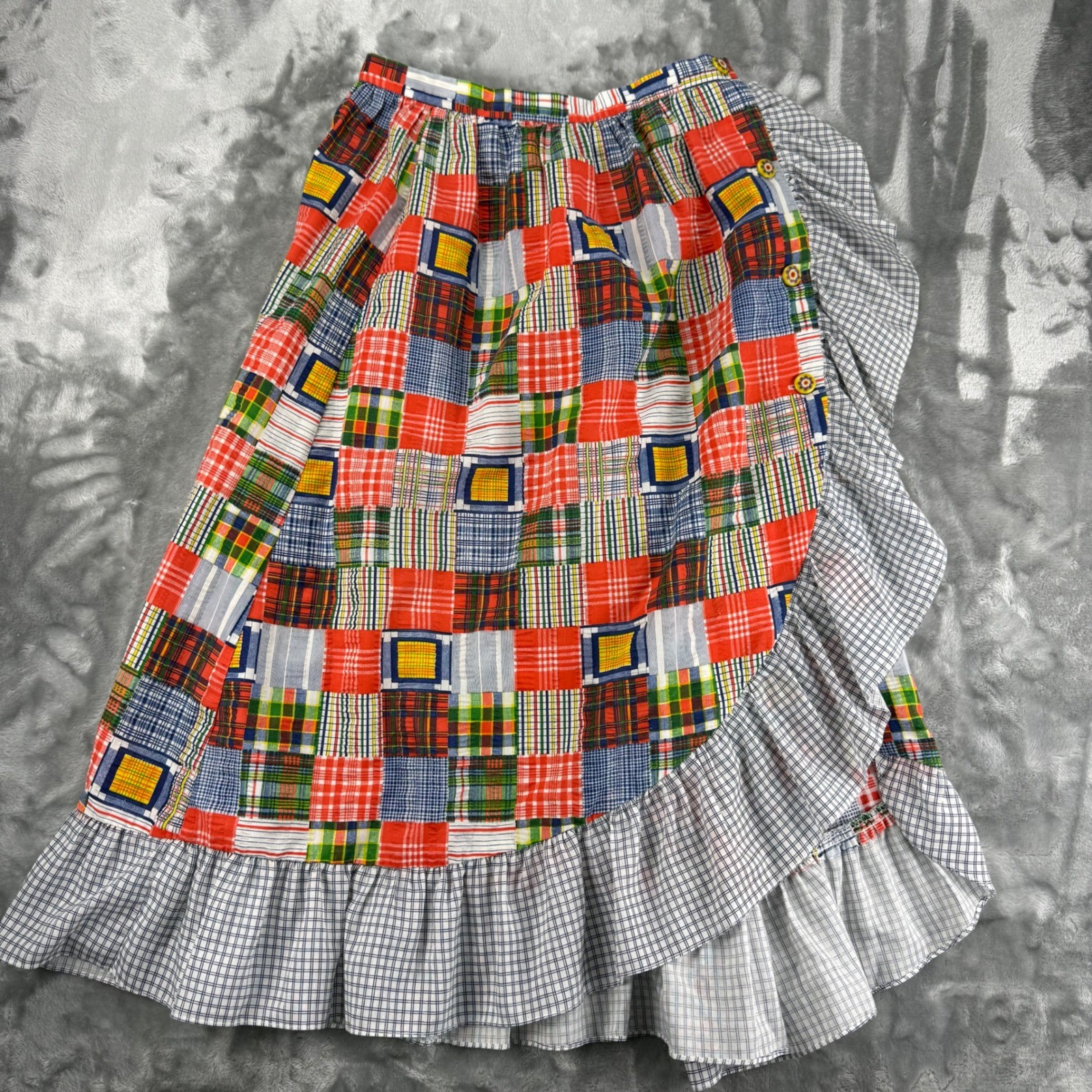 Vintage 70’s Patchwork Plaid Ruffle Midi Skirt Boho Romantic Folk, High Waist