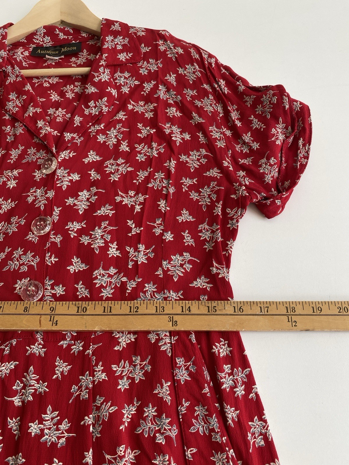 Vintage 90s Autumn Moon S M Rayon Belted Dress Pockets Red Floral USA Retro 50s