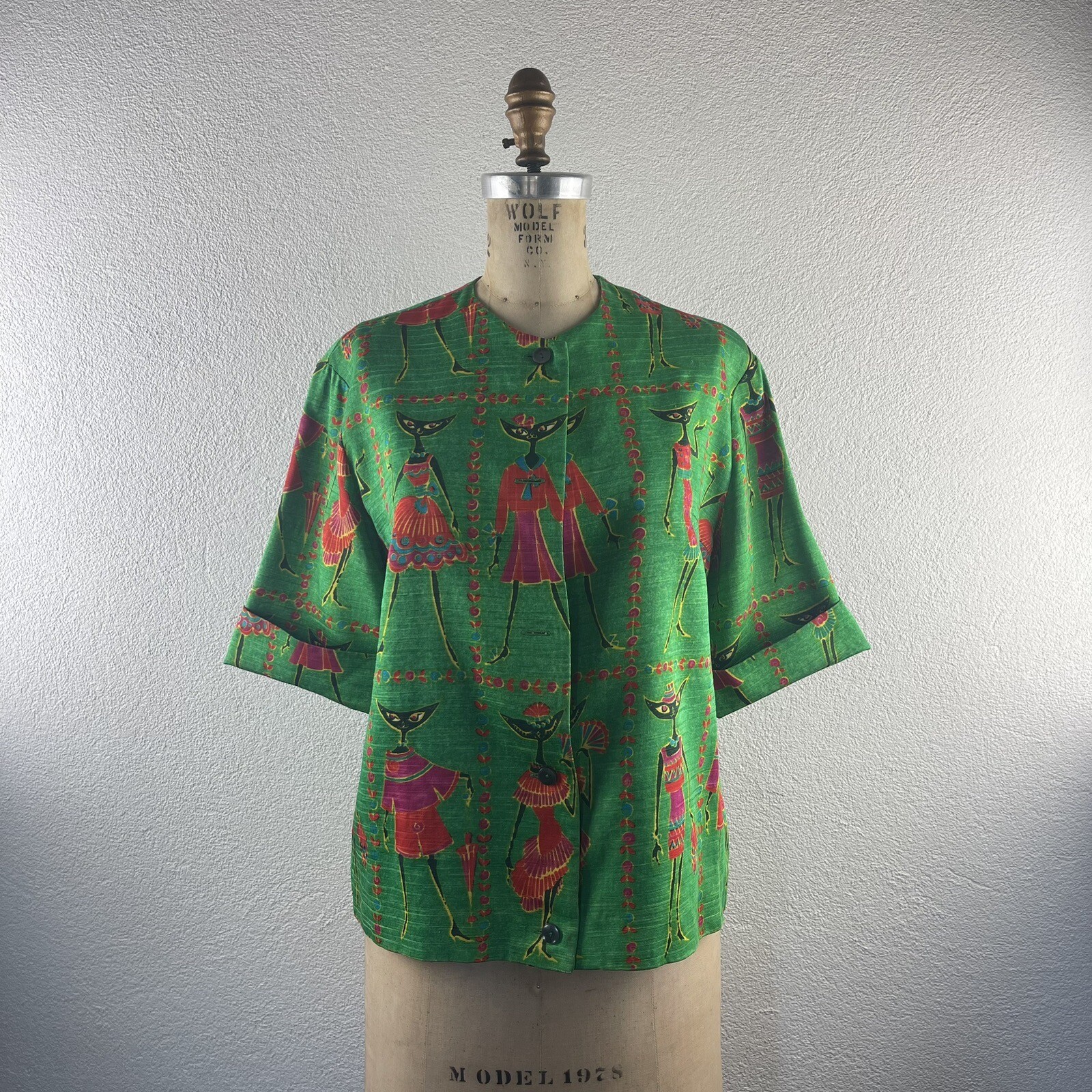 Vintage l 60s M Novelty Tribal Fashionista Kitty Black Cat Cuff Sleeve Blouse