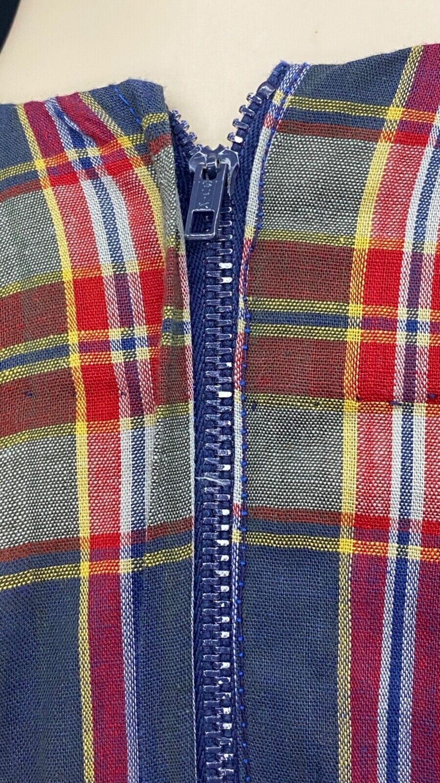 Vintage 1960s plaid mini dress, red white blue long sleeve 1970s cotton XS