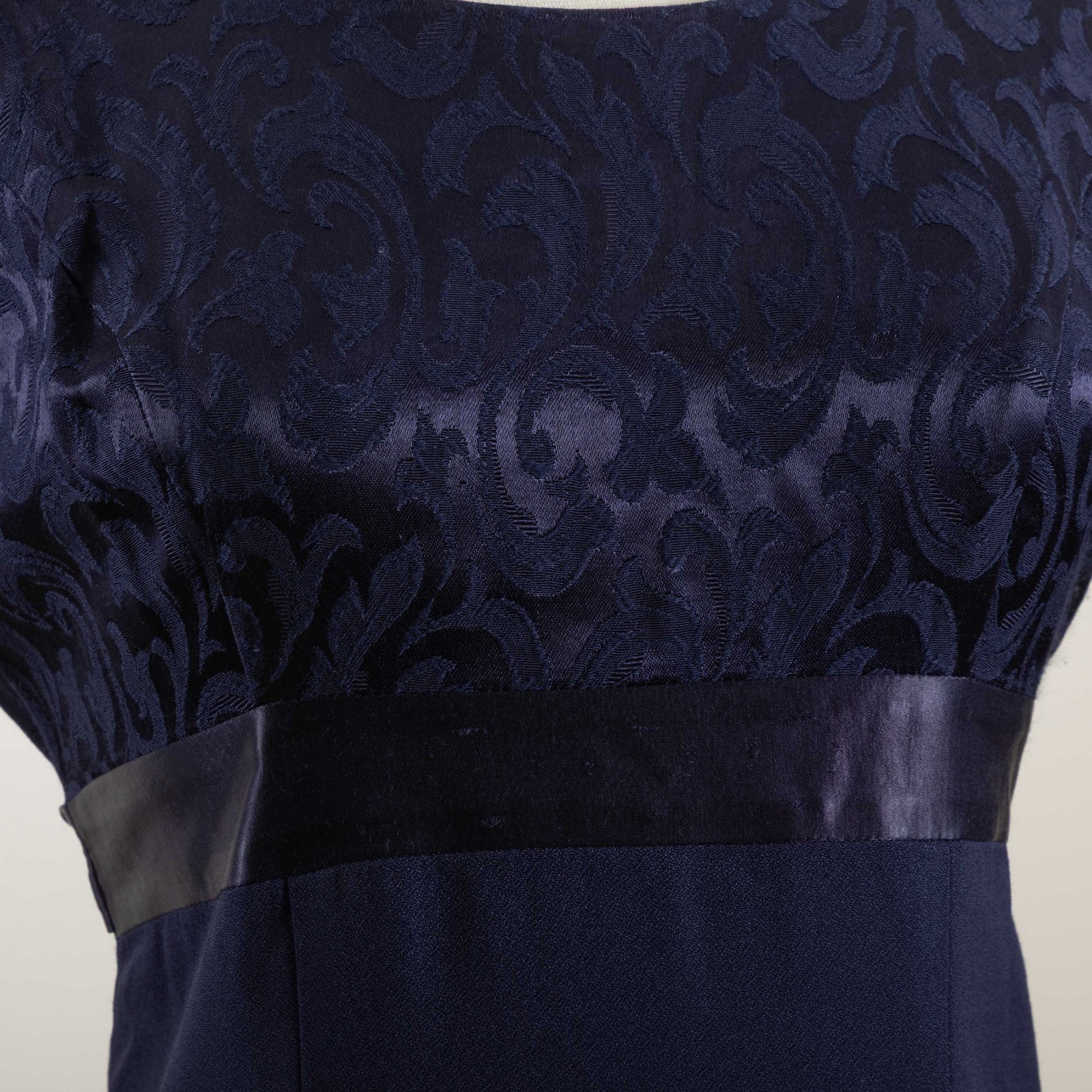 VTG 90s Be Smart Damask Maxi Dress 5/6 Navy Blue Crepe Empire Waist Prom Formal