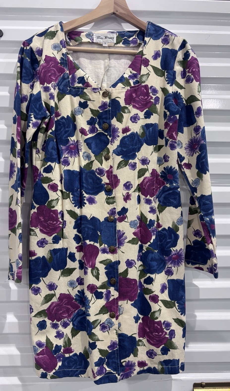 Vintage 90s Paris Blues Floral Denim Dress Size 5 Blue Purple Roses Cottagecore