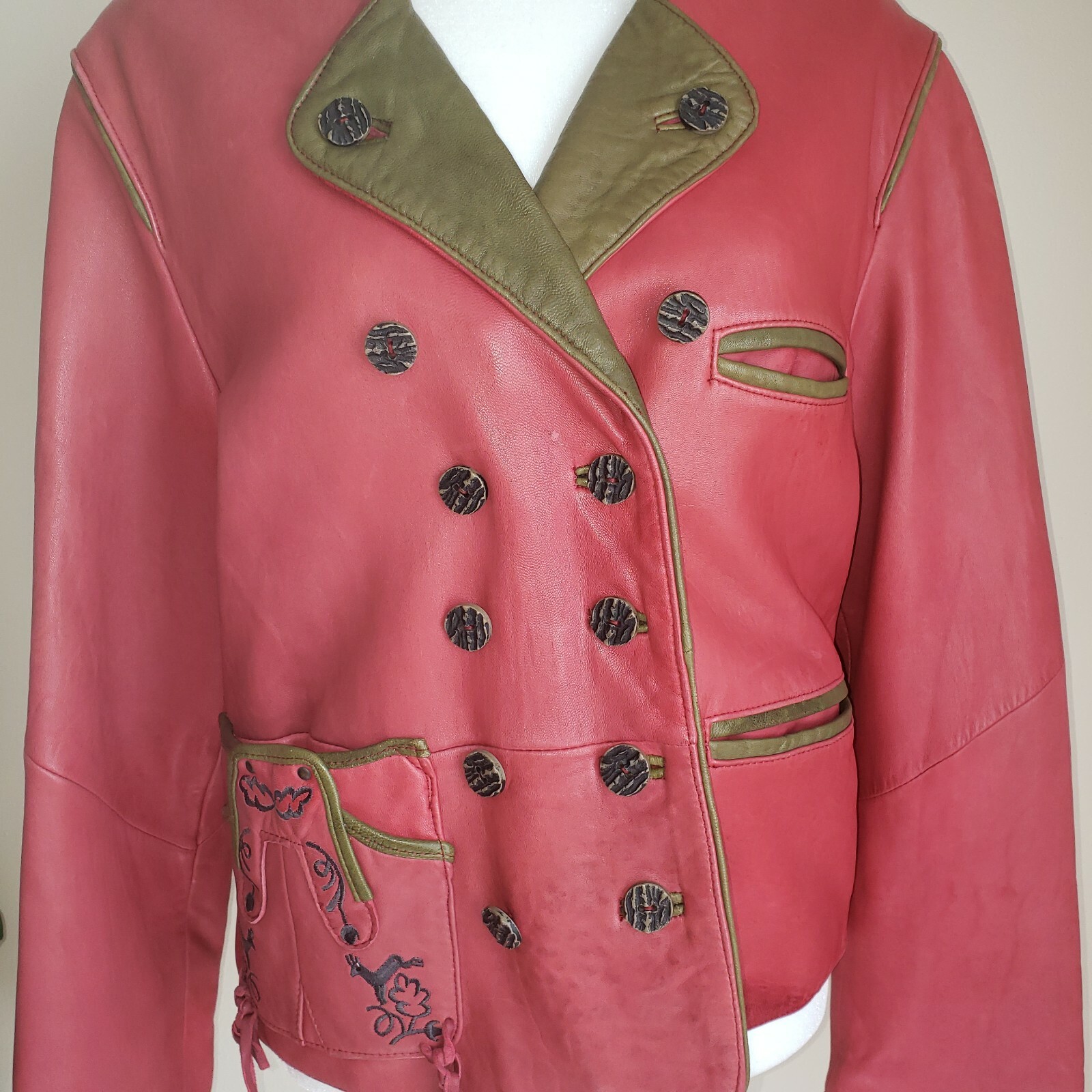 Vintage 80s Original Leather Sound LS Red Leather Jacket Green Accents Sz 38