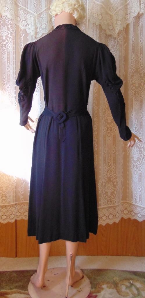 VTG 30s Black Crepe Dress Amazing Juliet Sleeves Soutache trim 36B has fade