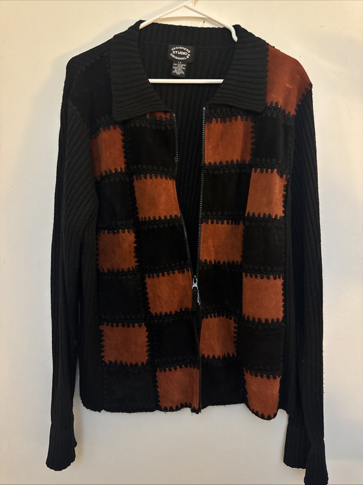 Vintage Designers Originals 1X Leather Patchwork Ribbed Sweater Zipper Retro Y2K