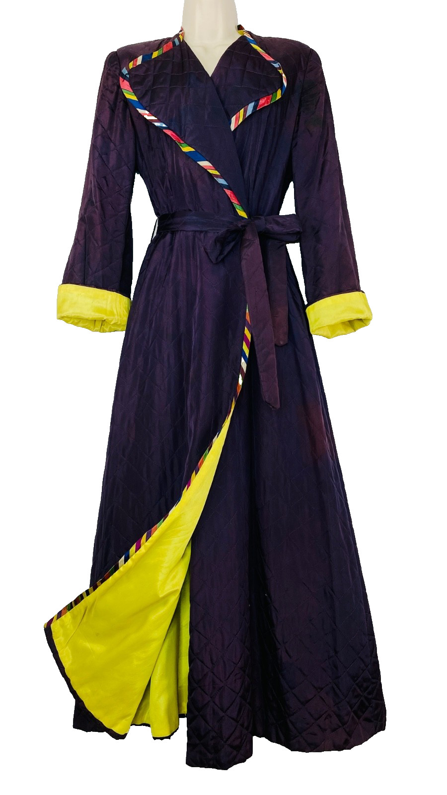 Vintage 1930s 1940s dressing robe maxi dress wrap purple yellow rainbow long