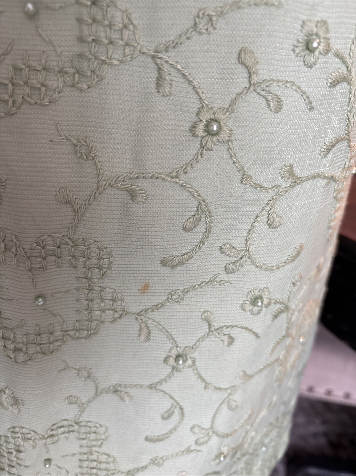 Vintage Embroidered Beaded Celery Green Midi Dress M Pencil Wiggle