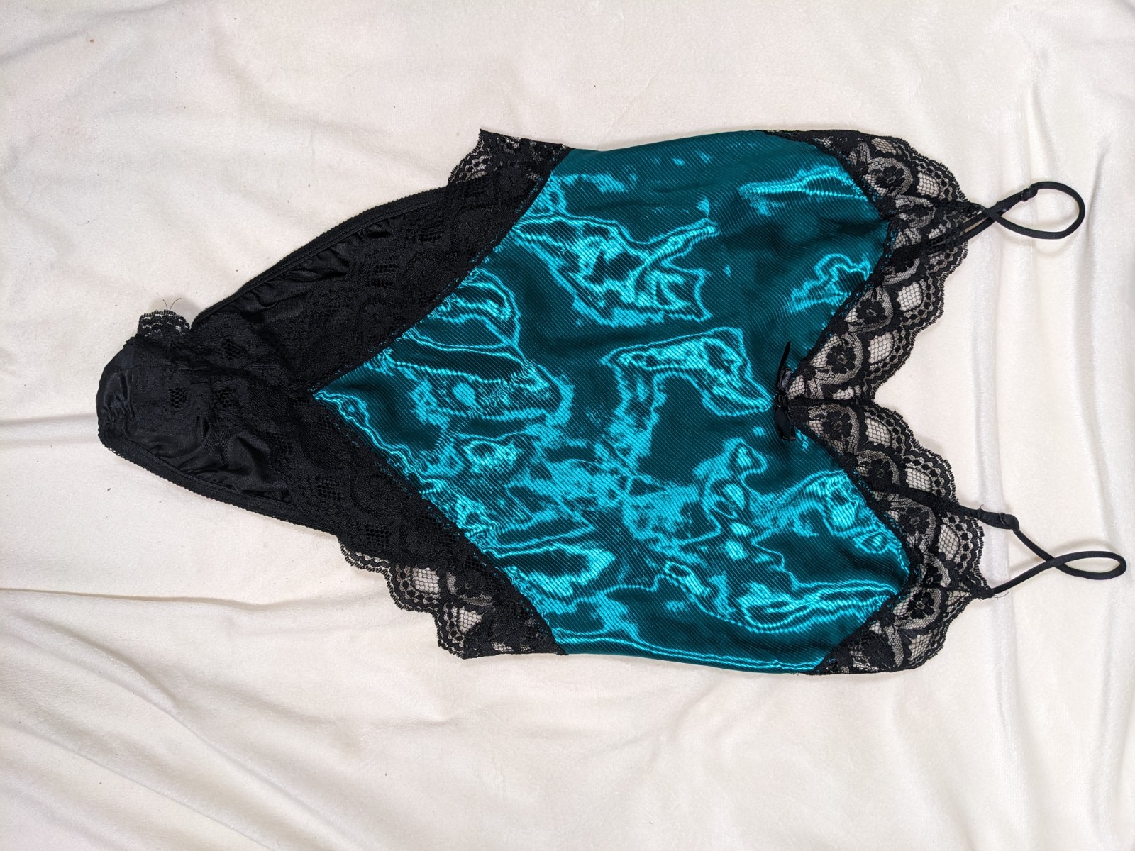 vintage Lady Cameo Dallas satin and lace teddy bodysuit in a teal green color