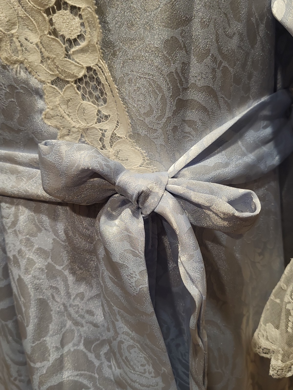 Vintage Christian Dior Paris New York Satin Night Robe Lace Collar Powder Blue