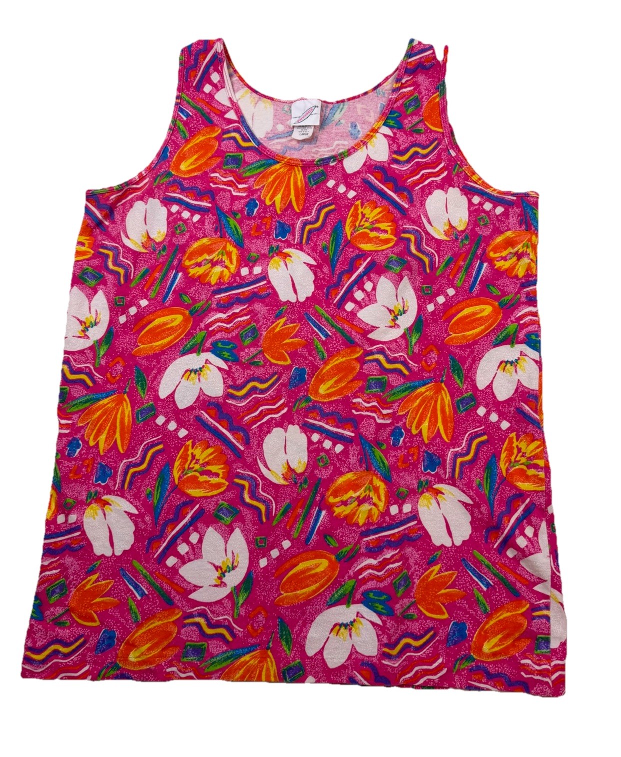 Vtg 80s/90s Pinwheels Colorful Neon Pink Floral Print Sleeveless Knit Top Sz L