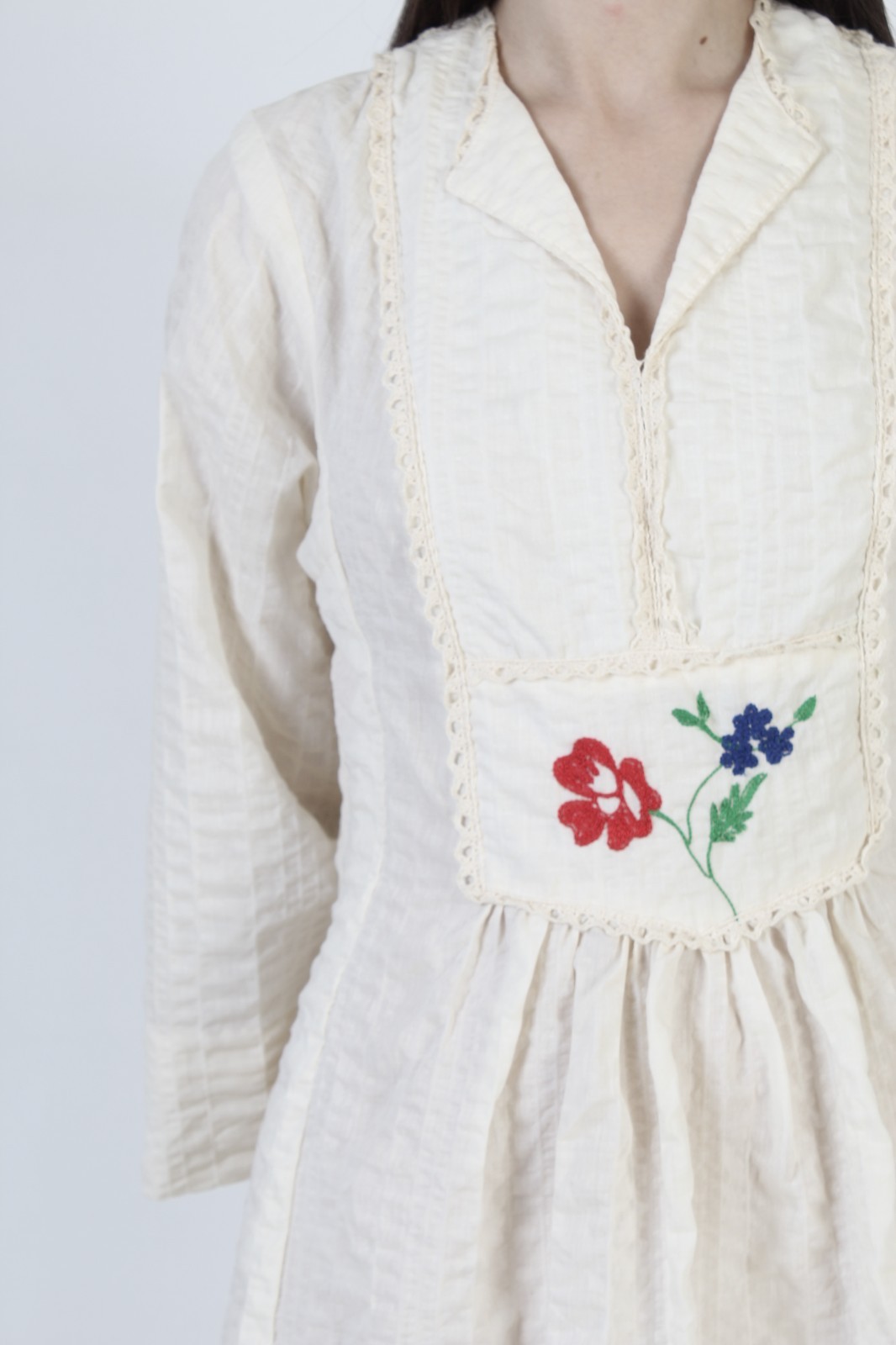 Vtg 70s Cream Seersucker Prairie Dress Bell Slv Peasant Boho Wedding Maxi Gown