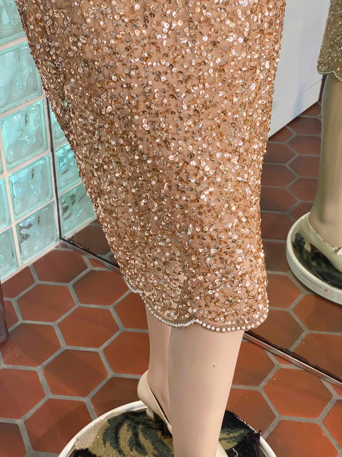 VTG Papell Evening Gold Sequin Beaded Dress Butterfly sleeves Fairy Knee 10