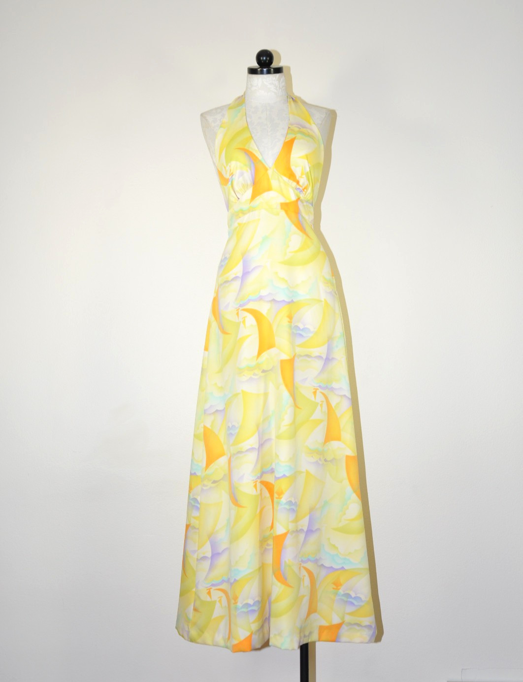 70s Vintage Yellow Sailboat Print Halter Backless Bohemian Long Maxi Sundress S