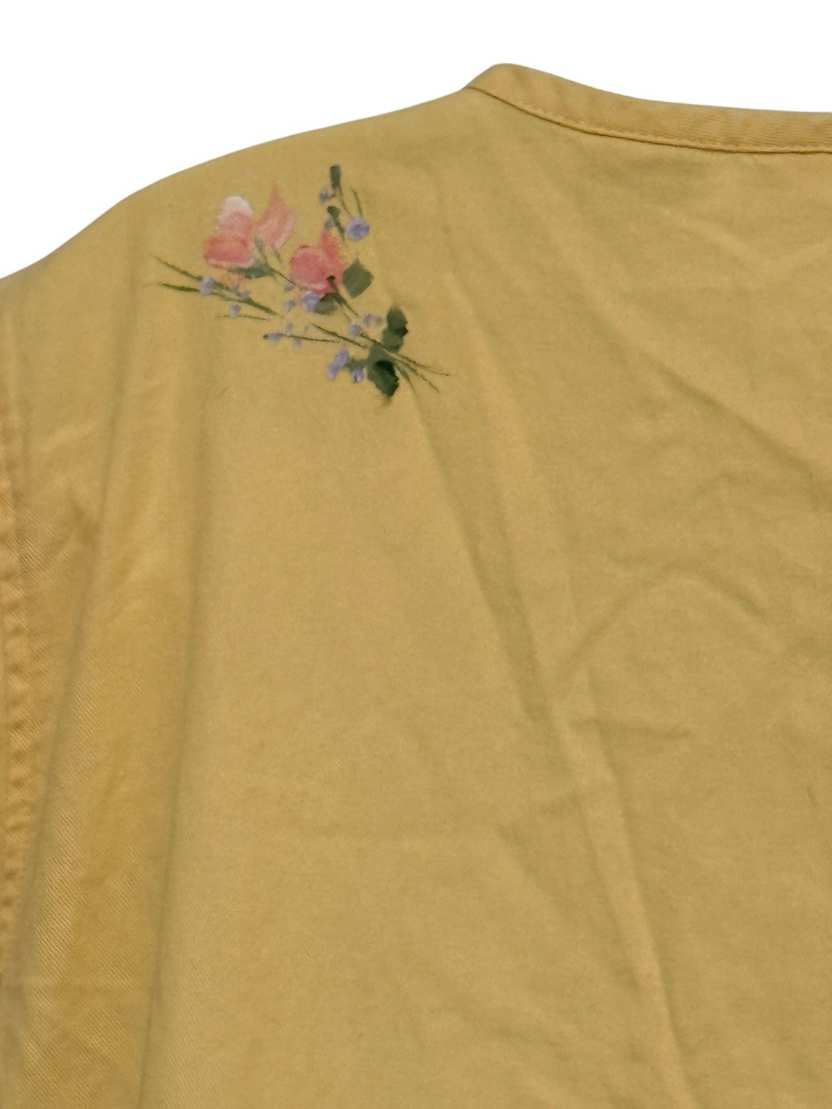 Vintage 90s Sunbelt Midi Dress L Yellow Handpainted Floral Cotton Button Front