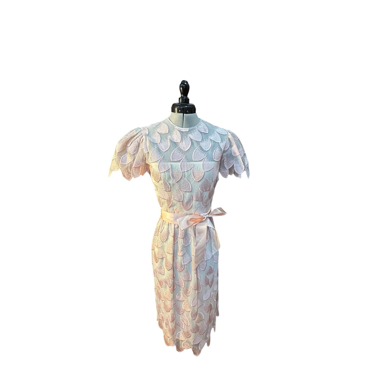 Pastel Petal Appliqué Dress Puff Sleeve Sheer Overlay William Pearson 80s Party