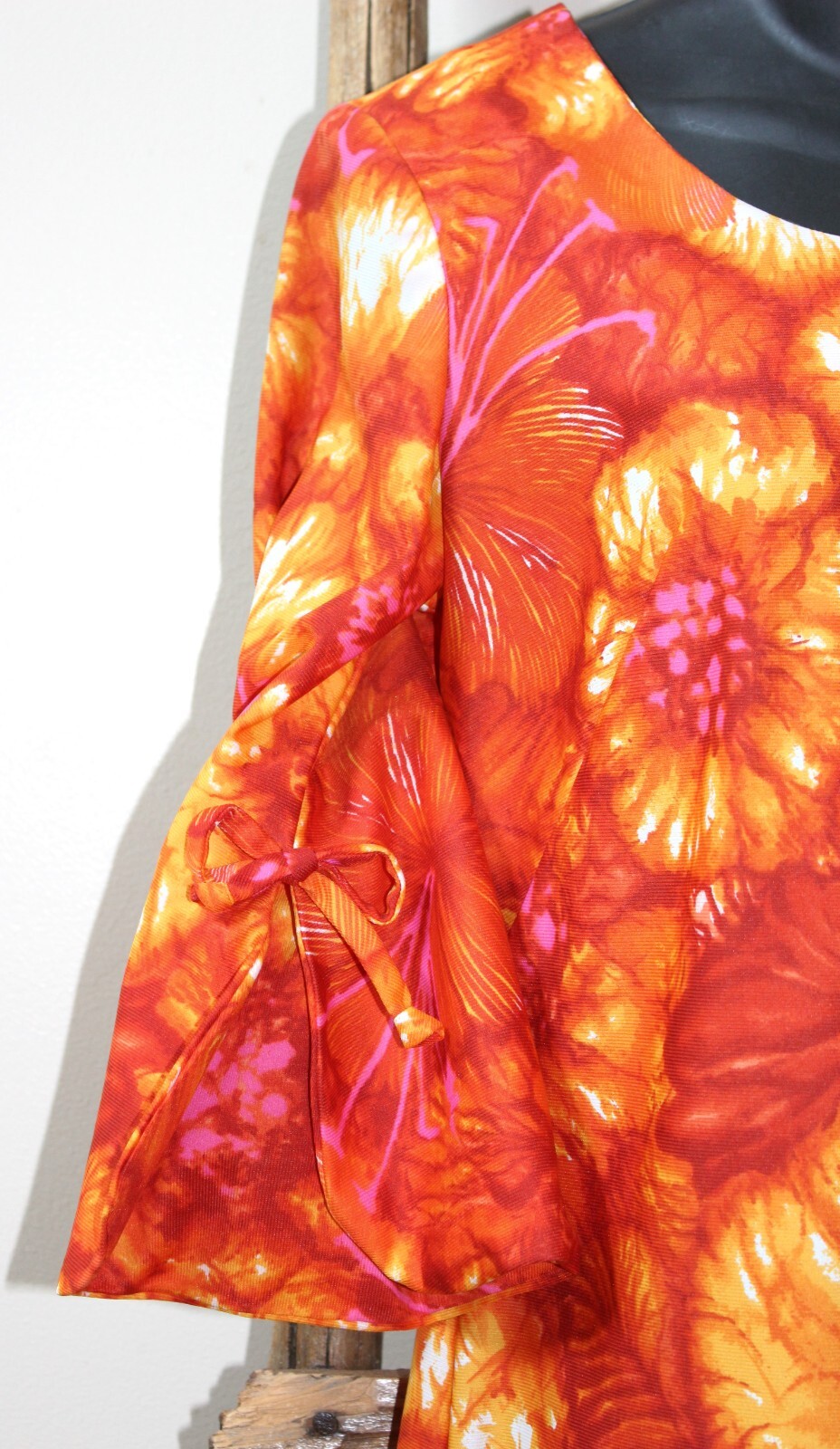 Vintage~PACIFIC ISLE~Creations of HAWAII~Orange Floral~DRESS~3/4 Sleeve~MEDIUM?