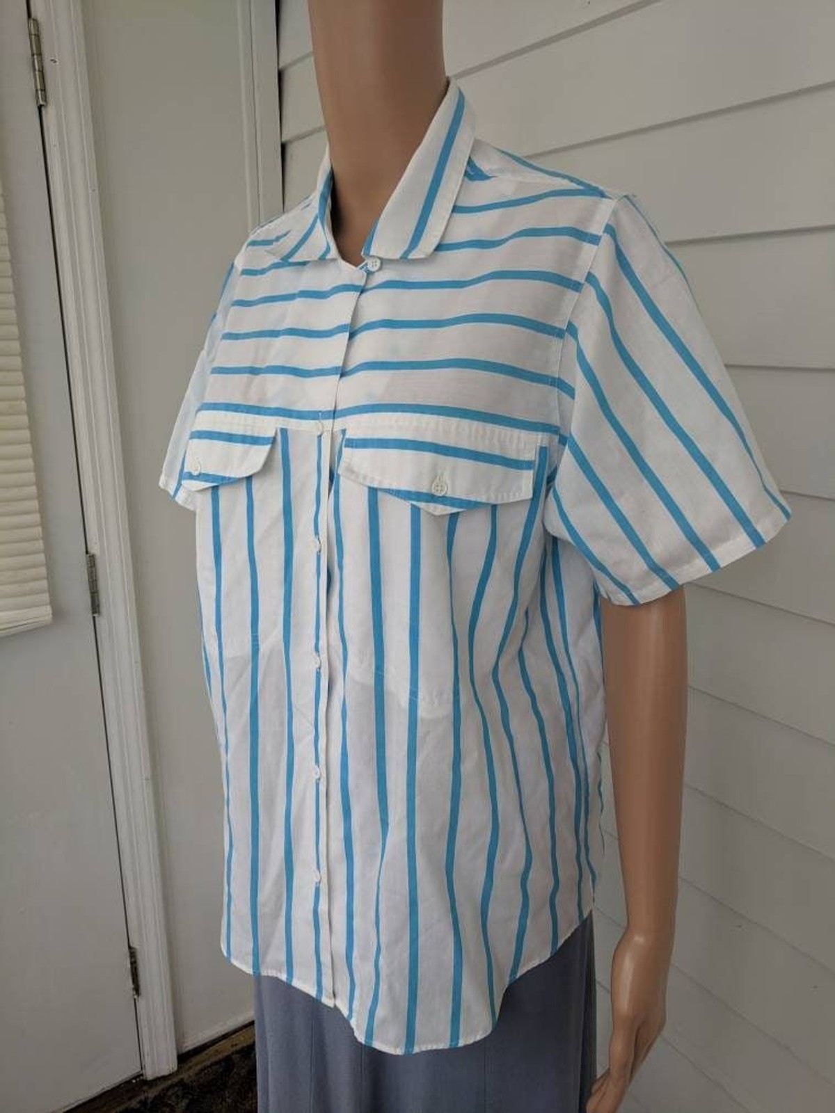 80s White Striped Summer Blouse Cotton Blend Casual Short Sleeve Button Down M