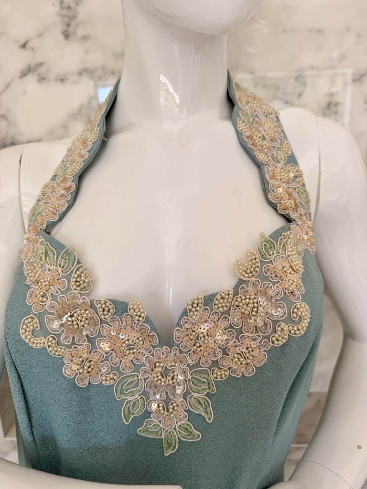 Vintage Roberta Seafoam Blue Halter Evening Gown Beaded Lace Slit Dress 11/12