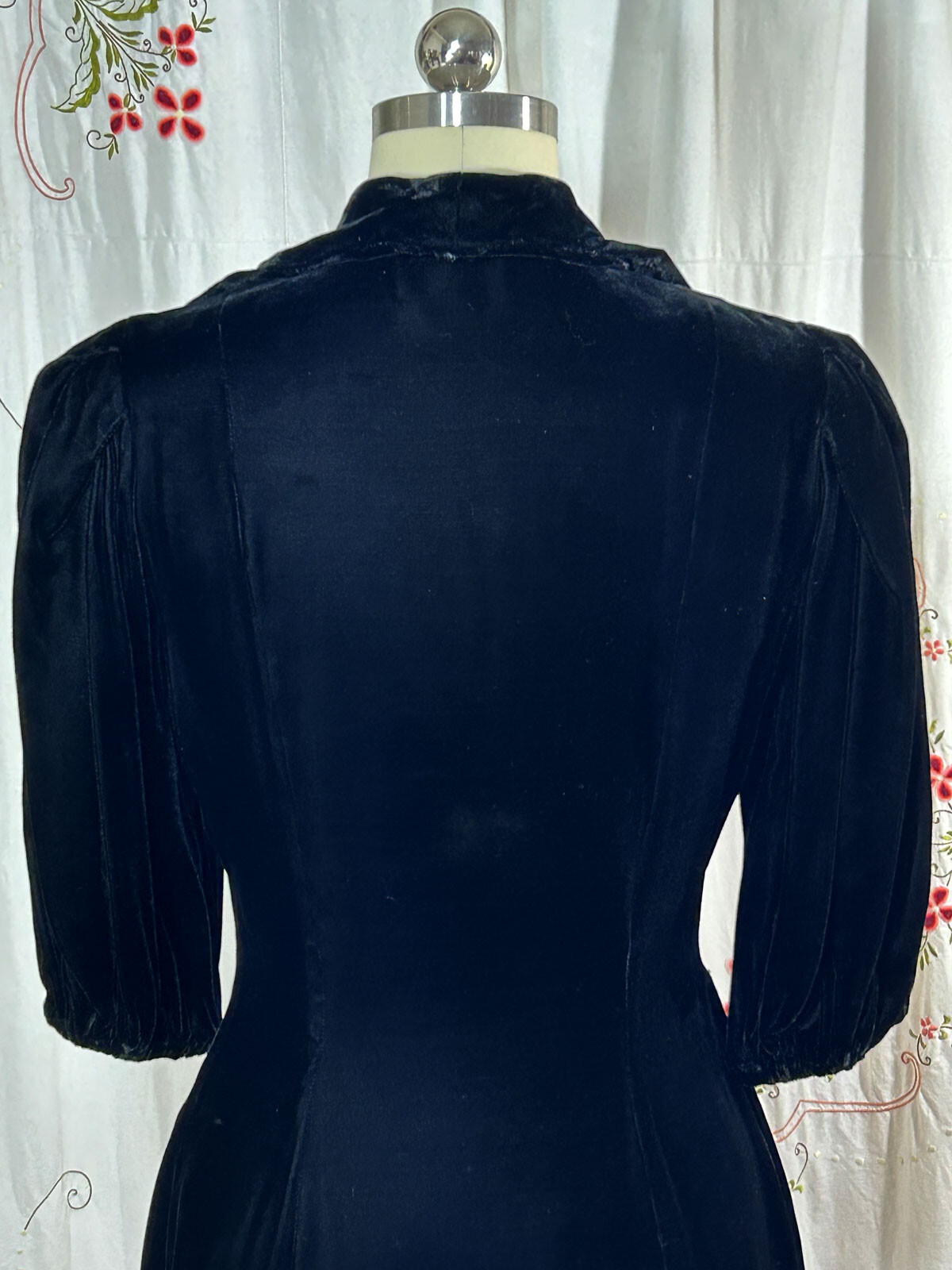 Vtg 30s Black Silk Velvet Long Dress Rhinestone Buttons Evening Hollywood sz 8/S