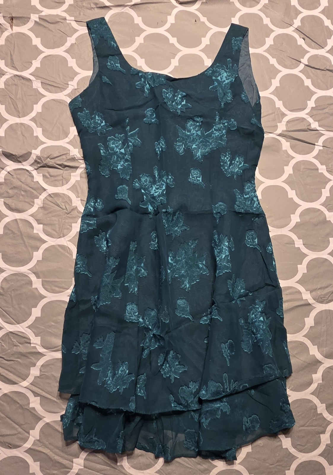 579 Vintage Juniors Green Floral Tiered Chiffon Mini Holiday Dress Size 1