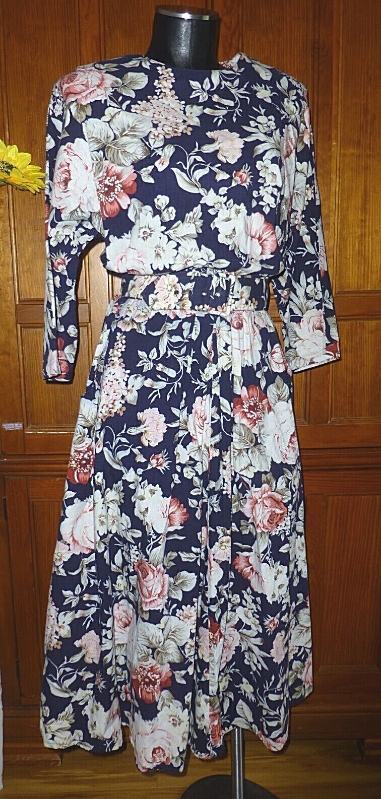 VTG 80s Floral Garden Print Cotton Boho Country Batwing Slv Midi belted DRESS M