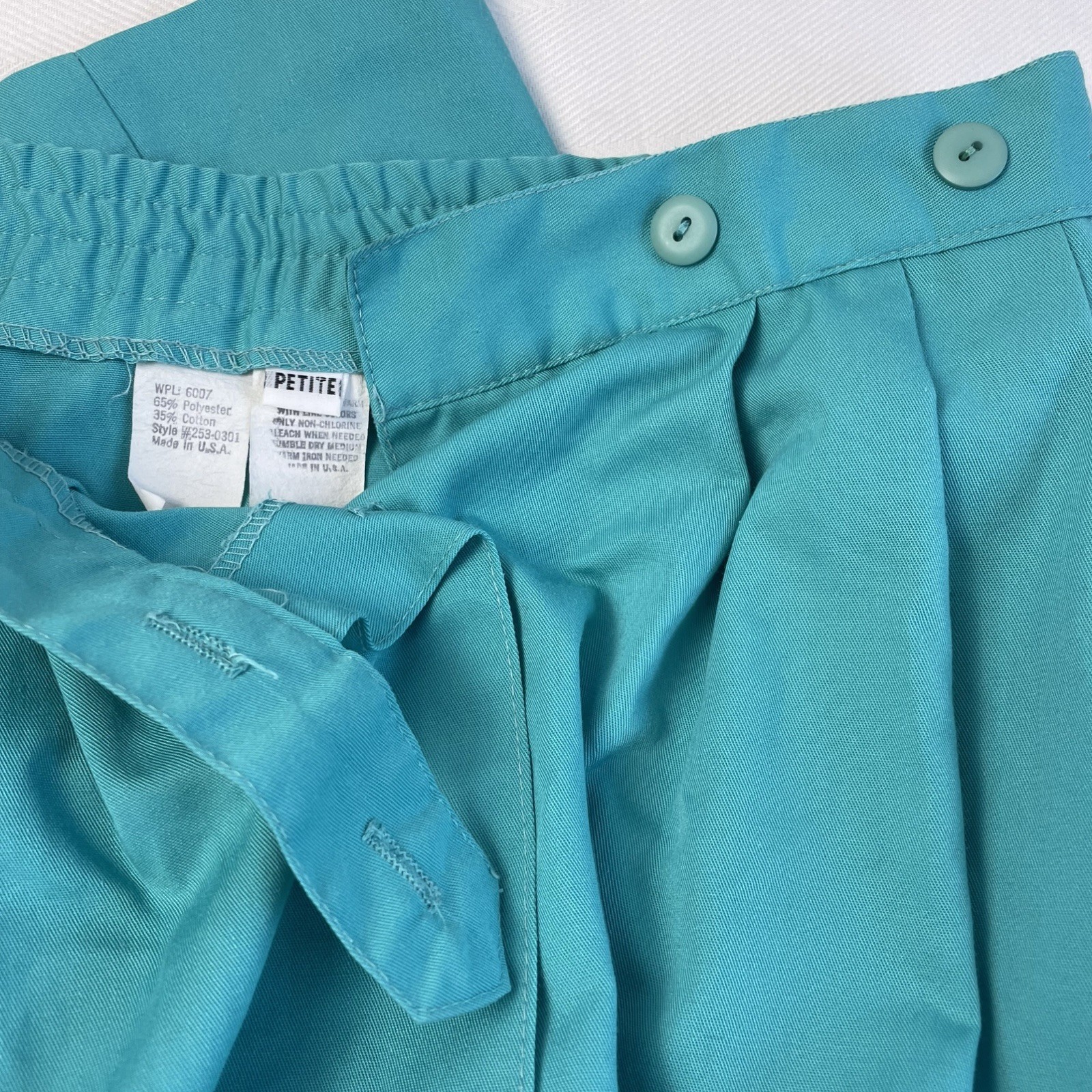 Vintage 80s XS Teal Button Front Midi Skirt High Rise A-Line Turquoise Preppy
