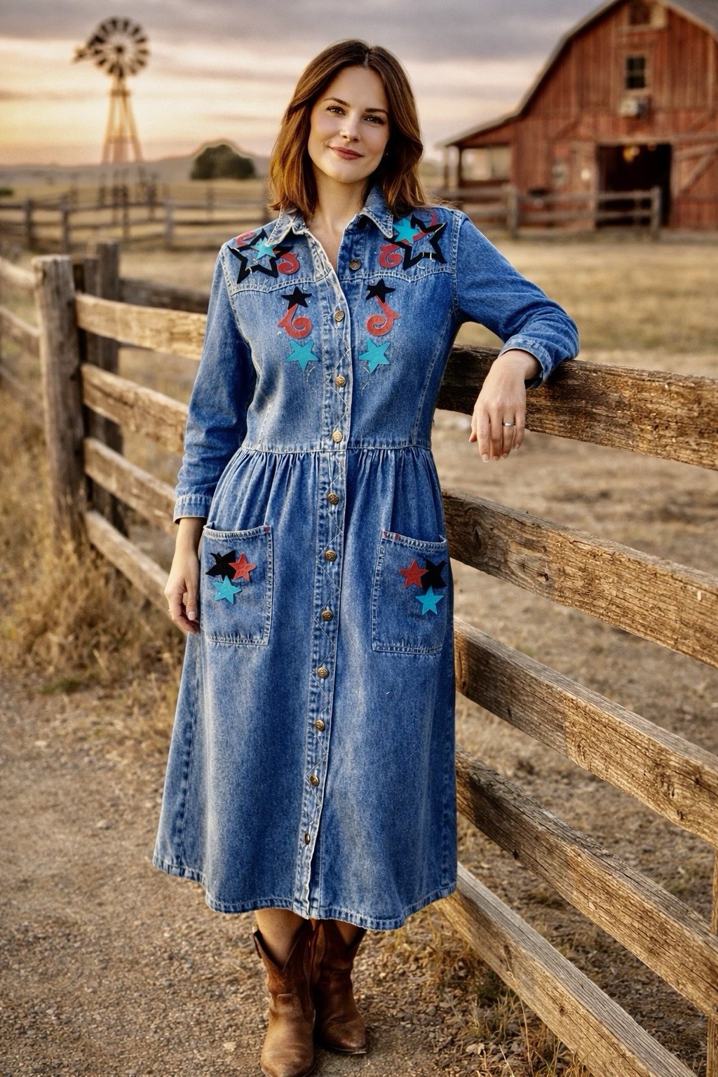 Vintage 90s Western Denim Star Applique Midi Dress Cowgirl Festival M Stagecoach
