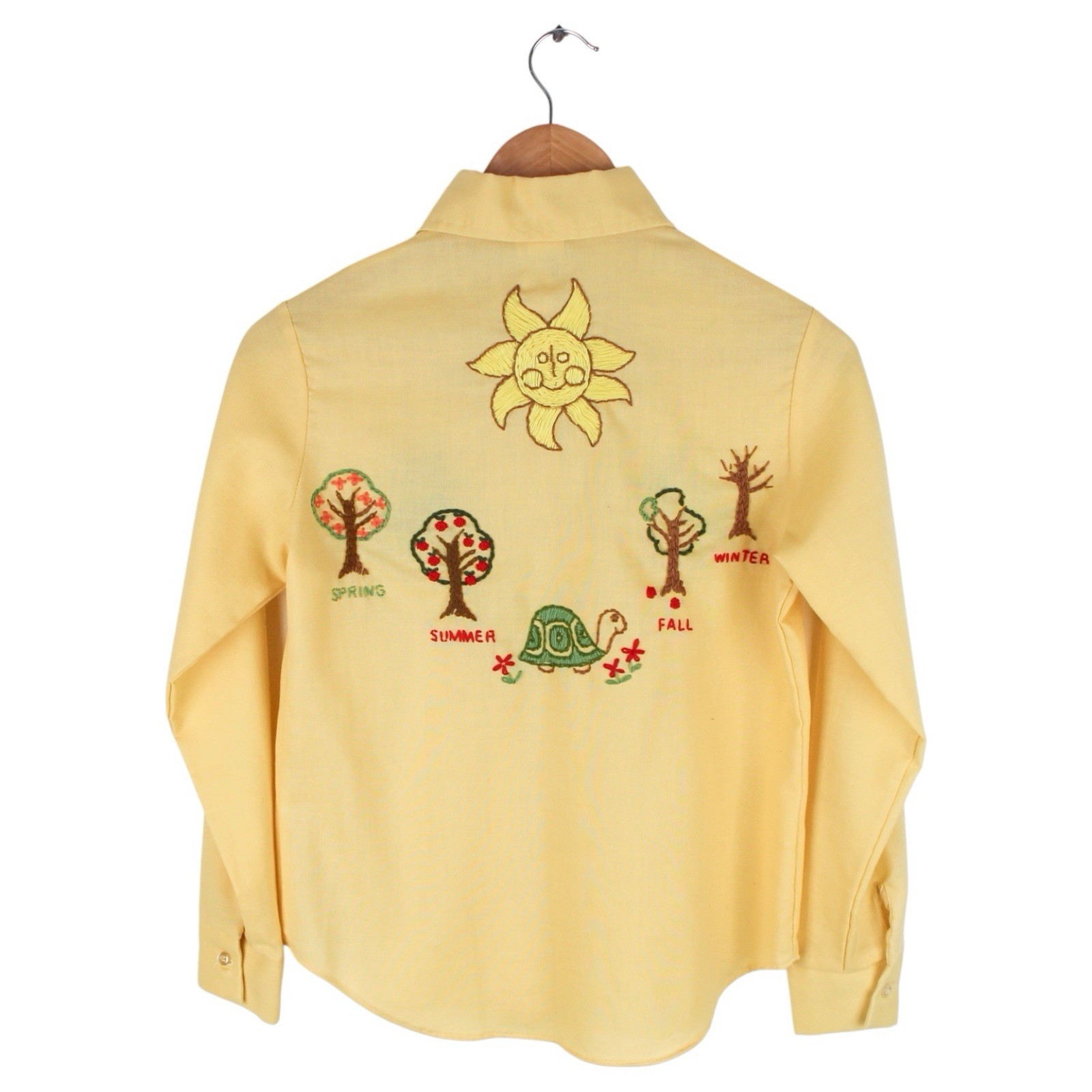 Vintage 70s Hand Embroidered Floral Owl Button Up Shirt Hippie Nature Size 14