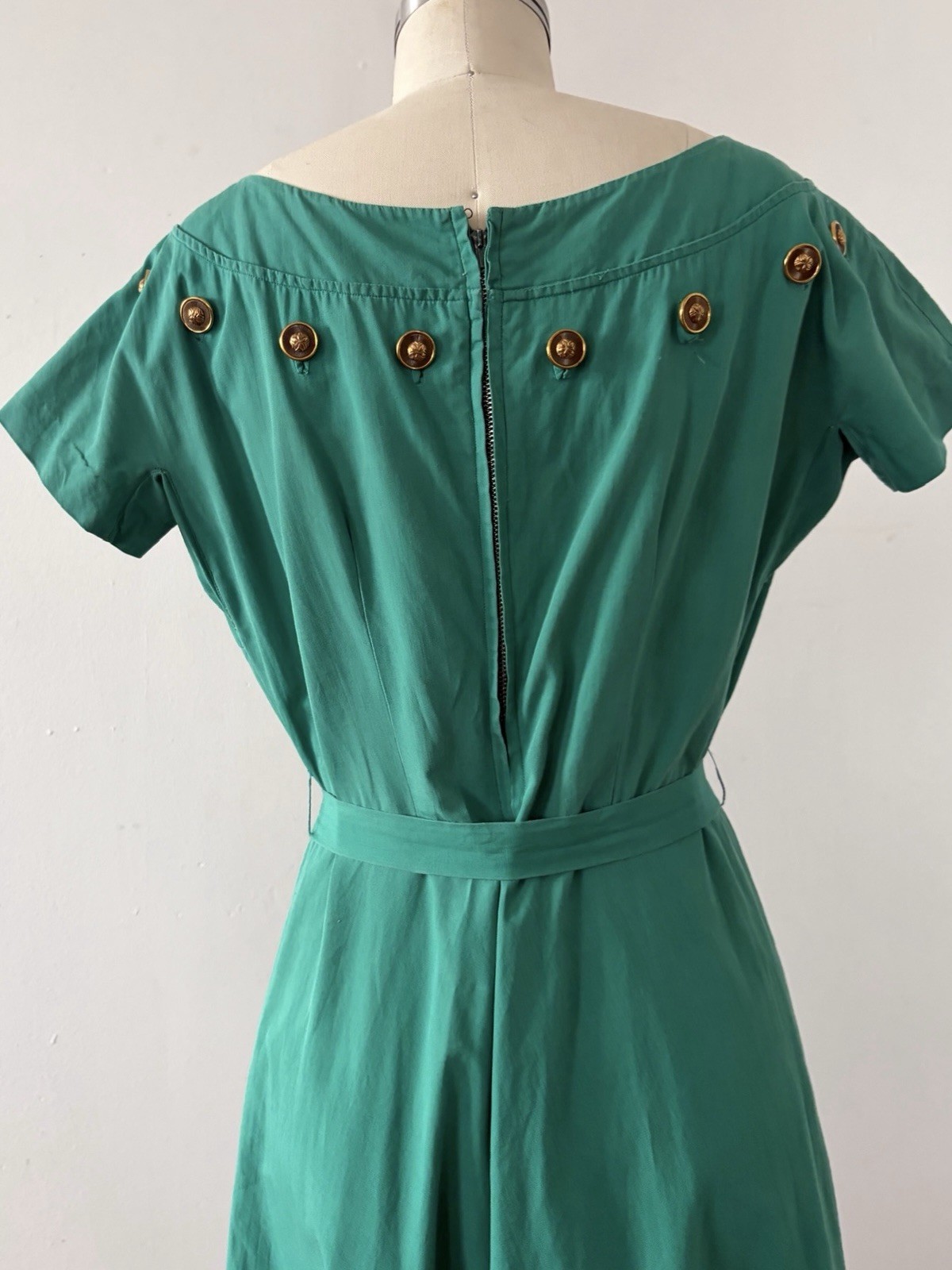 1950s Jade Green Polished Cotton Day Dress Midi Bateau Neck Crest Buttons Resort