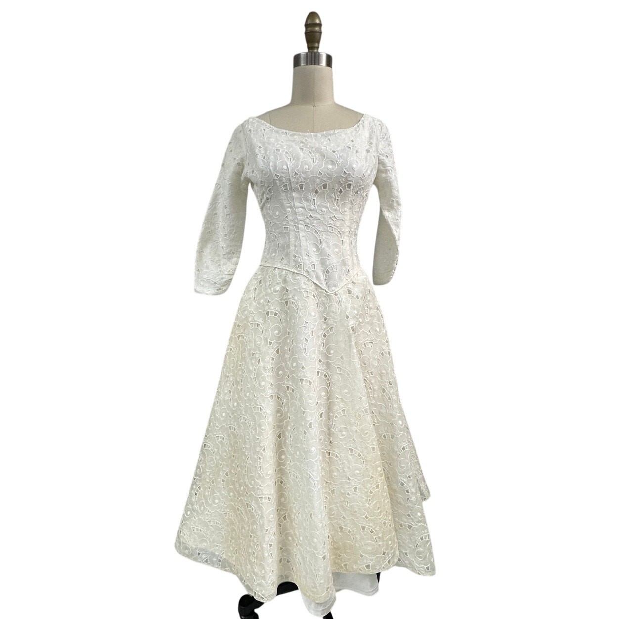 Vintage 1950s Creamy White Organdy Fit & Flare Dress Wedding Gown XS S