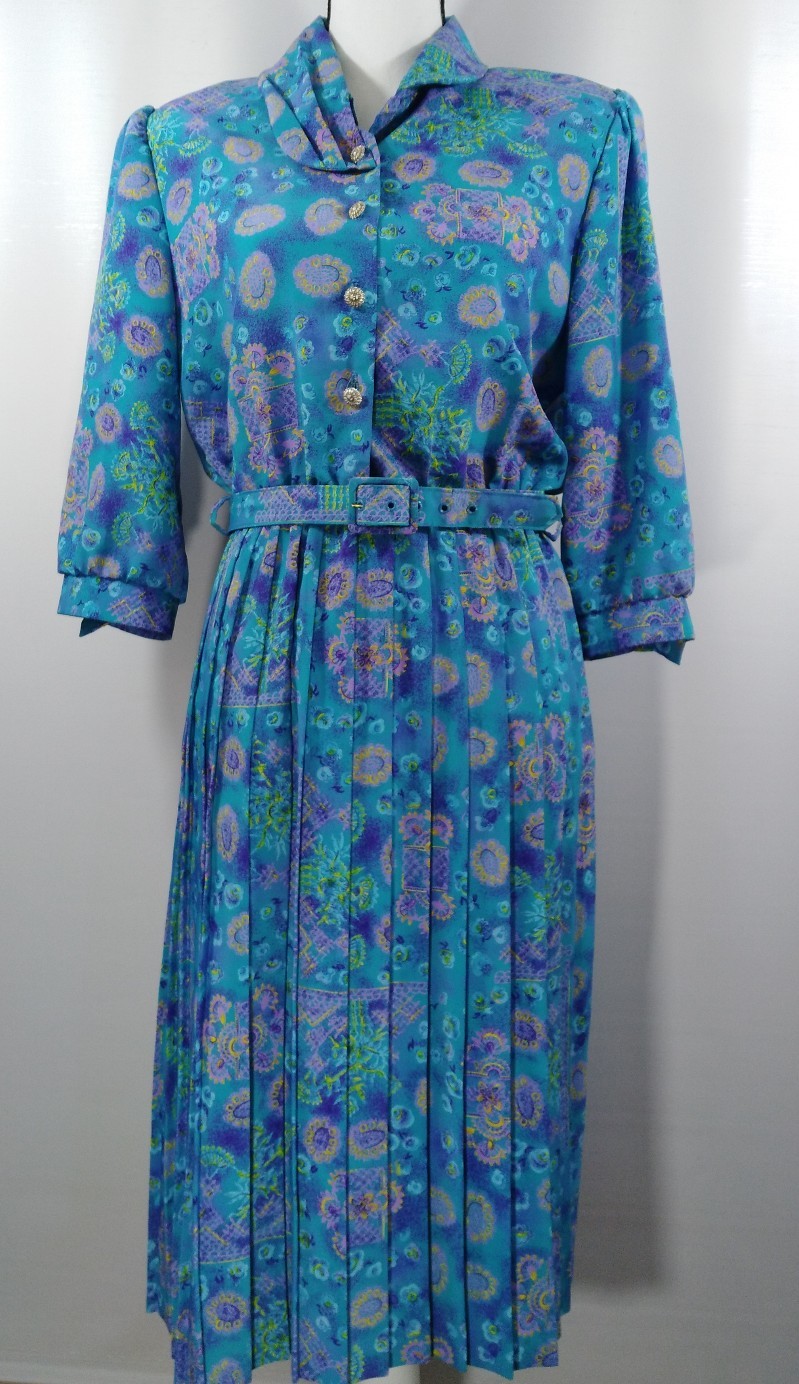 Breli Originals Blue Purple Yellow Floral Dress Pleated Size 12 Belt Vintage