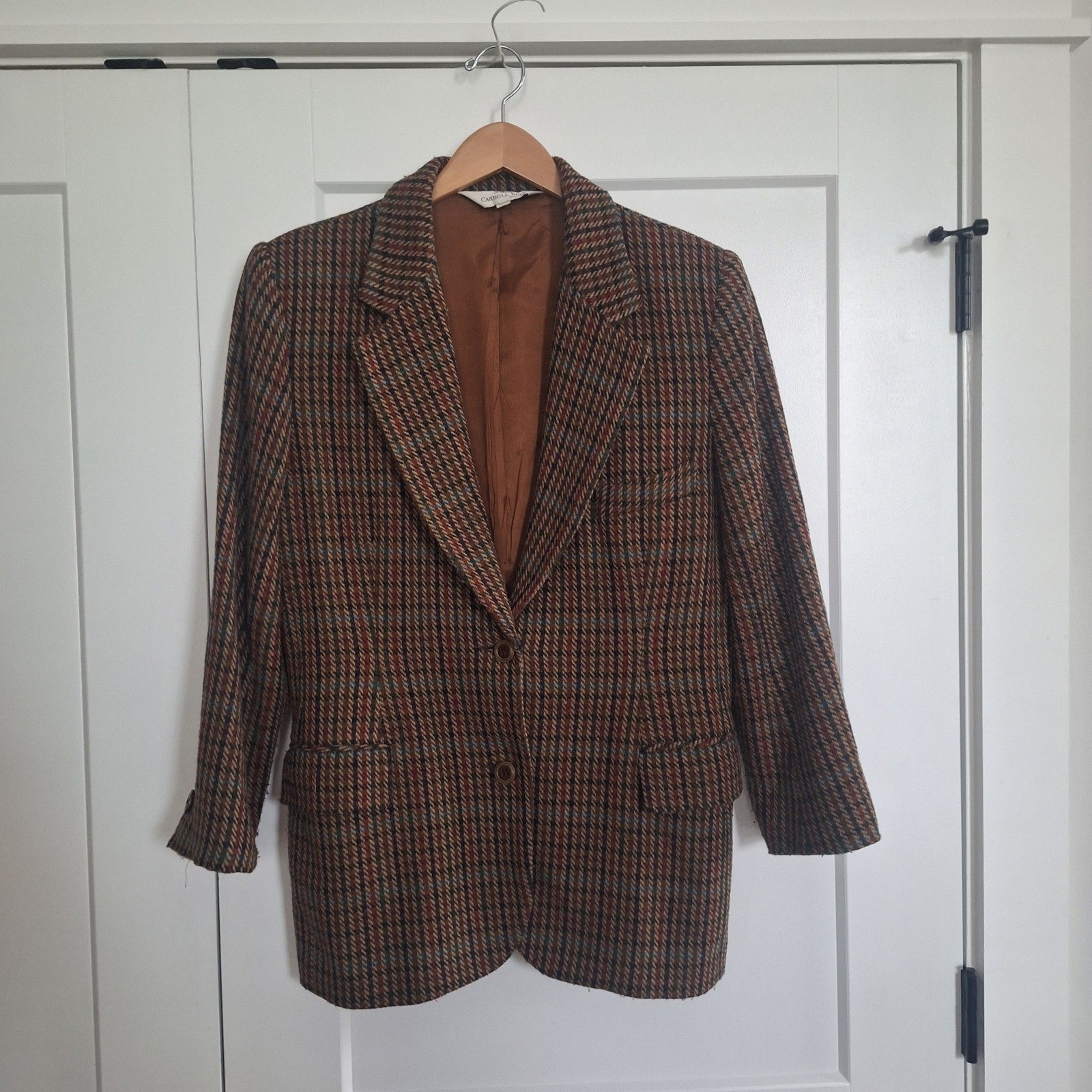 Carroll Reed Blazer Womens 8 Vintage 80s Brown Plaid Houndstooth Wool Tweed USA