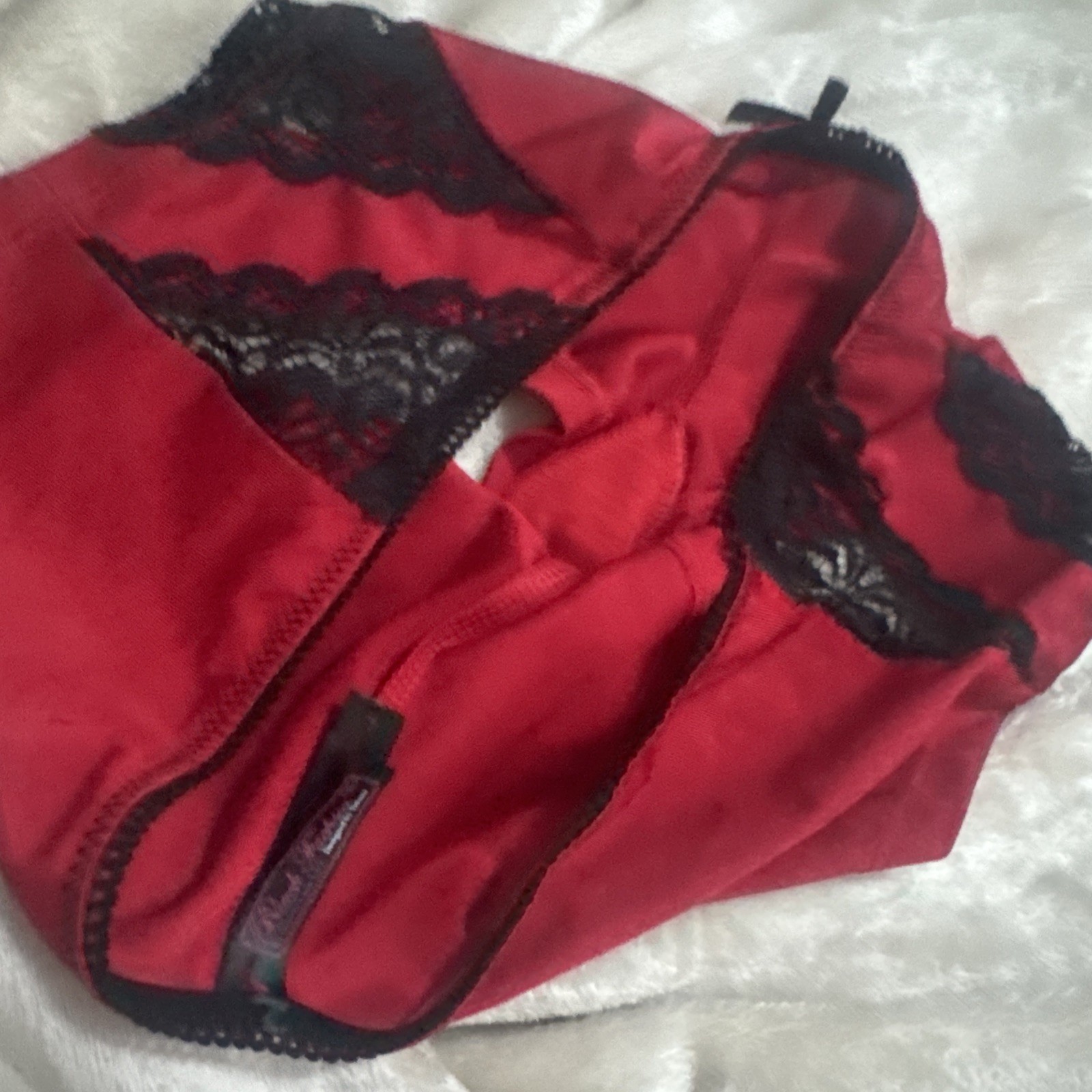 Vintage Black Fuchsia Satin Red Black Lace Sides Bikini Panty Stretch Sexy
