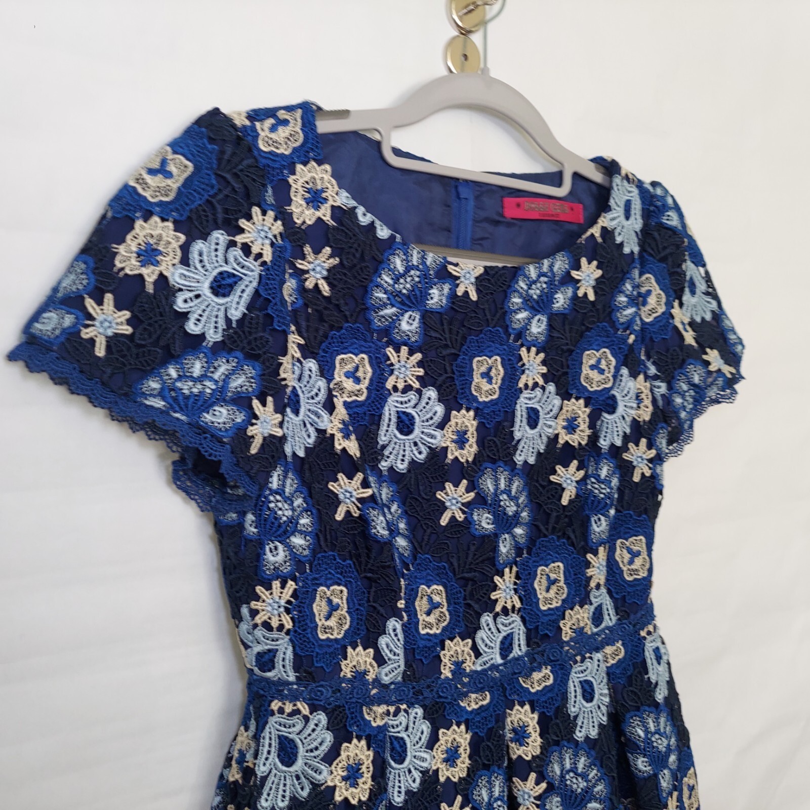 Dolly Girl by Anna Sui Dress 2 Blue Retro Floral Embroidery Guipure Short Sleeve