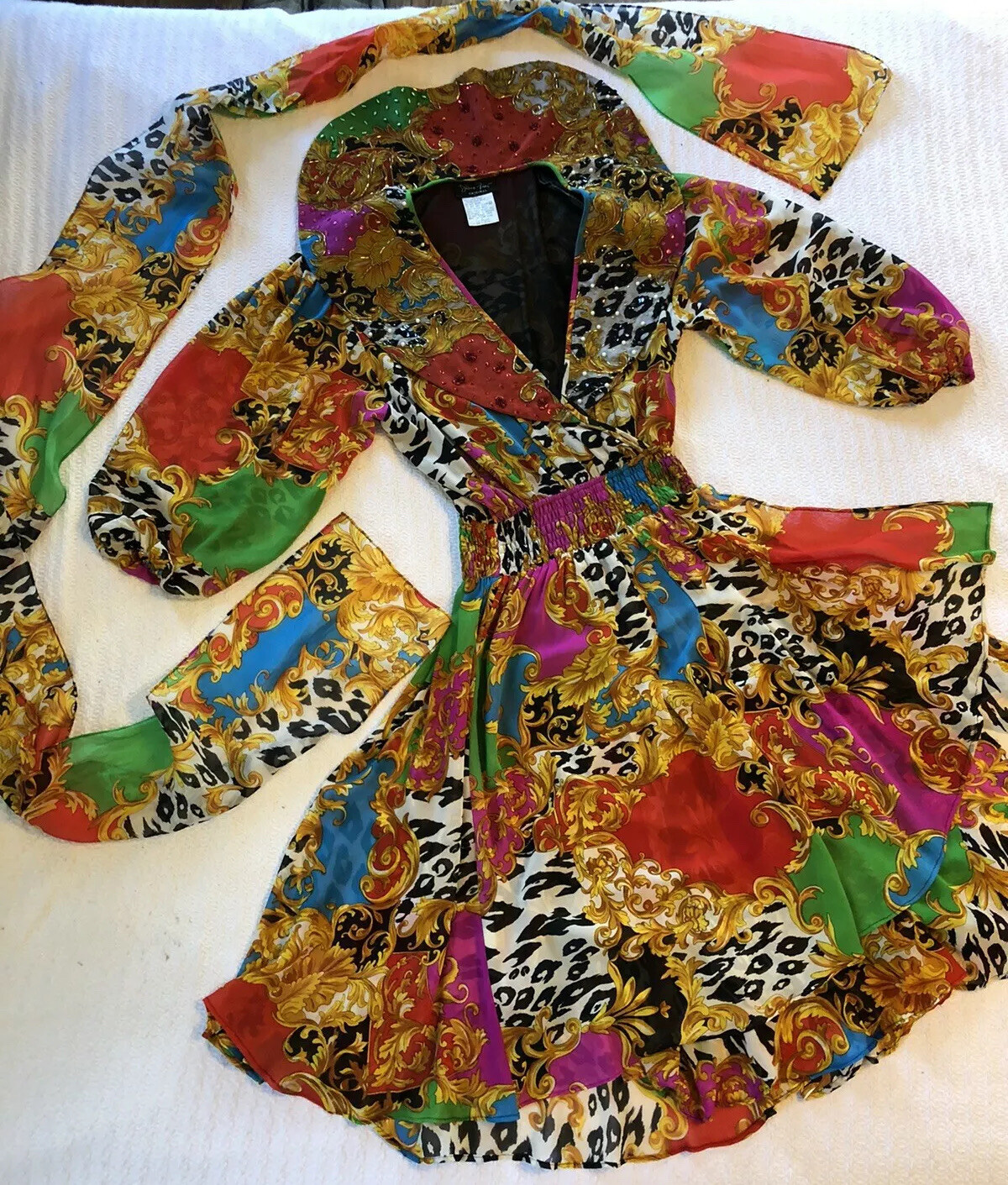 Vintage 80s Diane Freis Beaded Baroque Dress Ruffle Collar Puff Balloon Sleeves