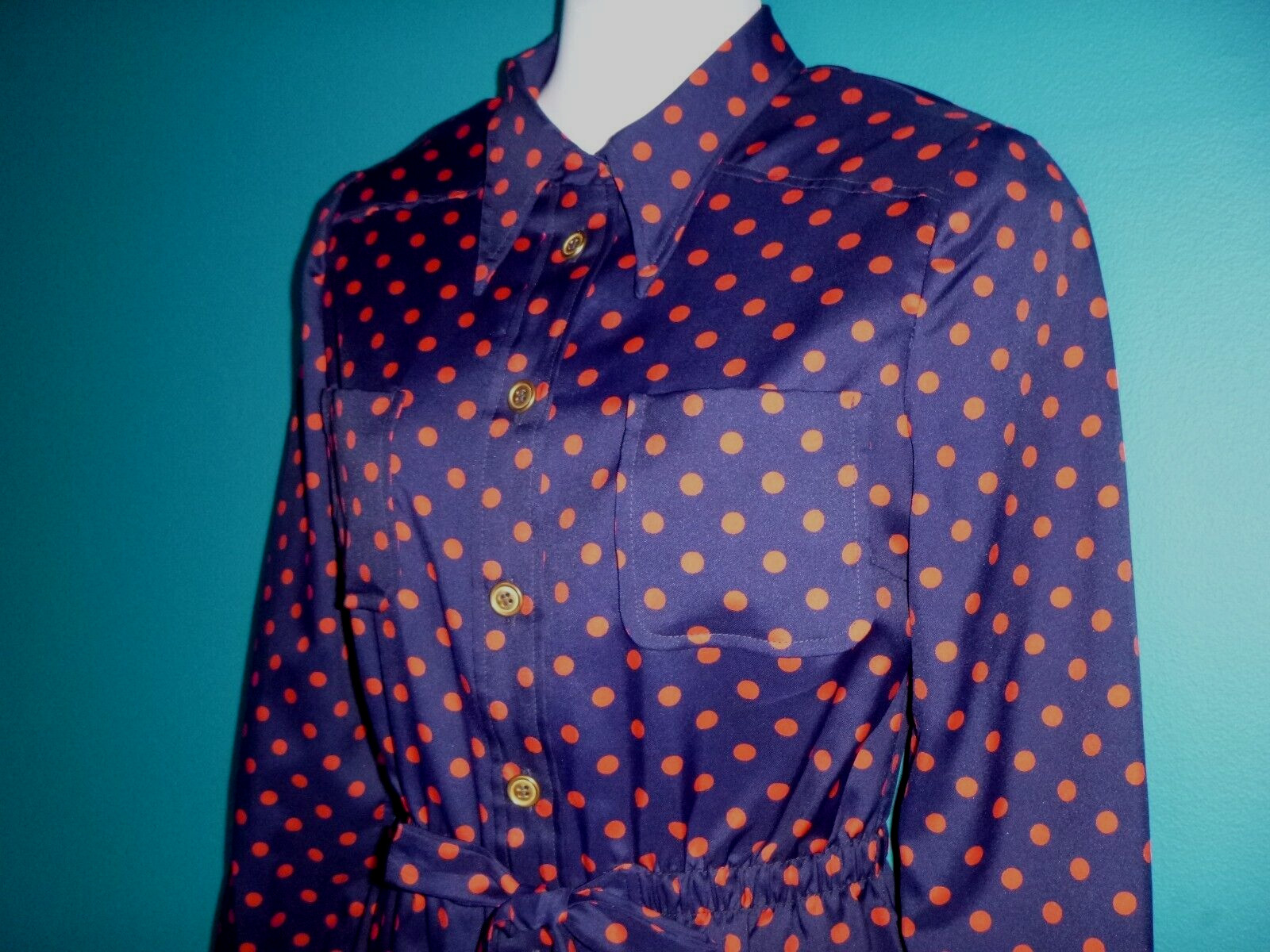 Vtg 70s Parade New York Silky Poly Shirt Dress Blue Red Polka Dots Sz M/L