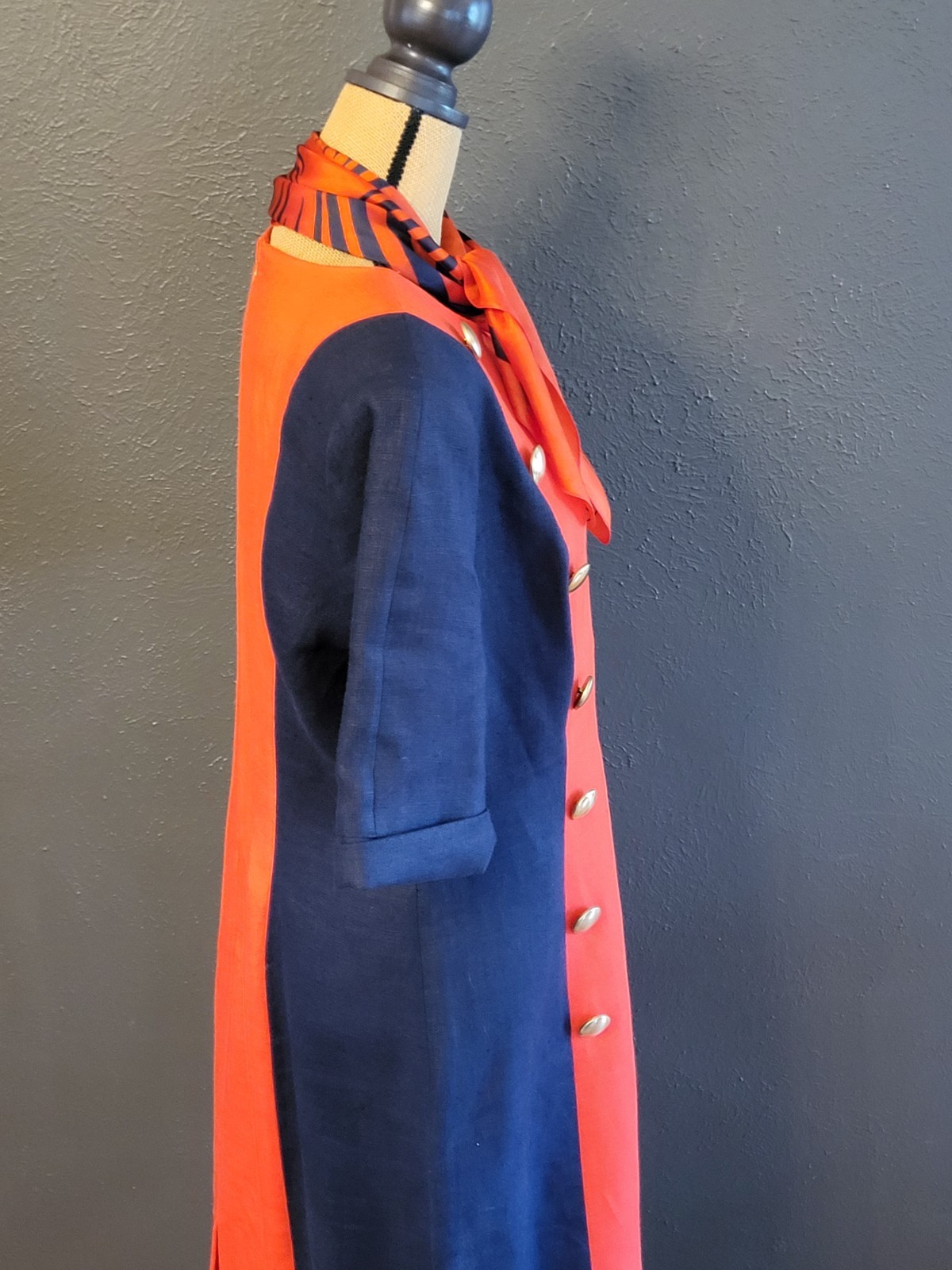 1980s Linen Colorblock Navy/Red Mid Length Dress Size 14