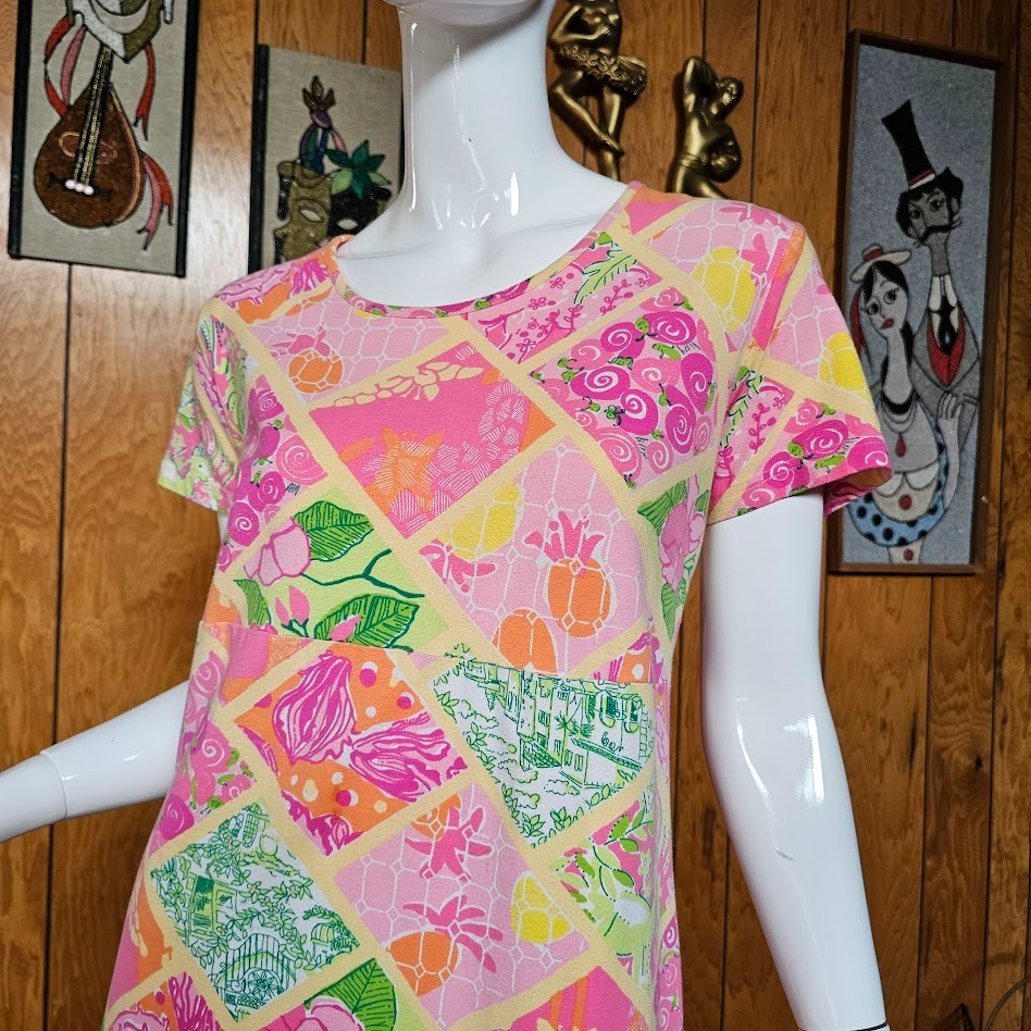 Vtg Y2K Lilly Pulitzer Worth Patch Lions Giraffe Patchwork T-Shirt Dress L/XL