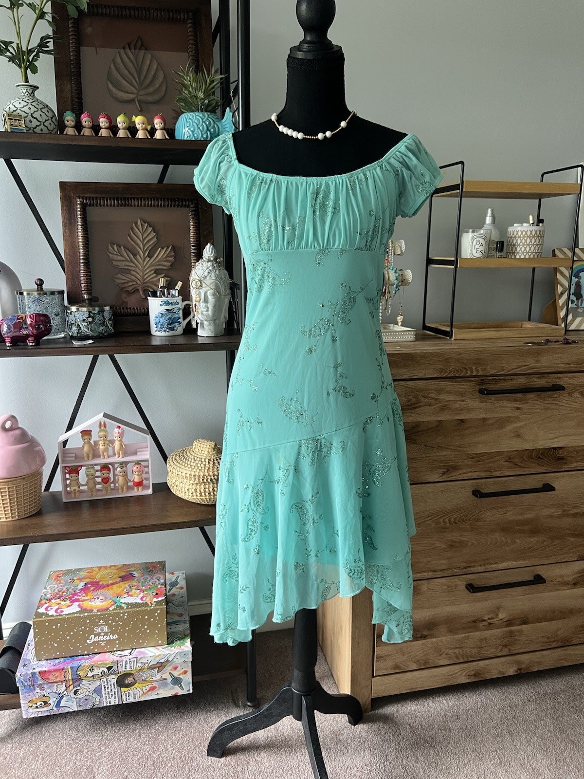 Vintage Y2K “Taboo” Blue Teal Paisley Floral Glitter Asymmetrical Midi Dress
