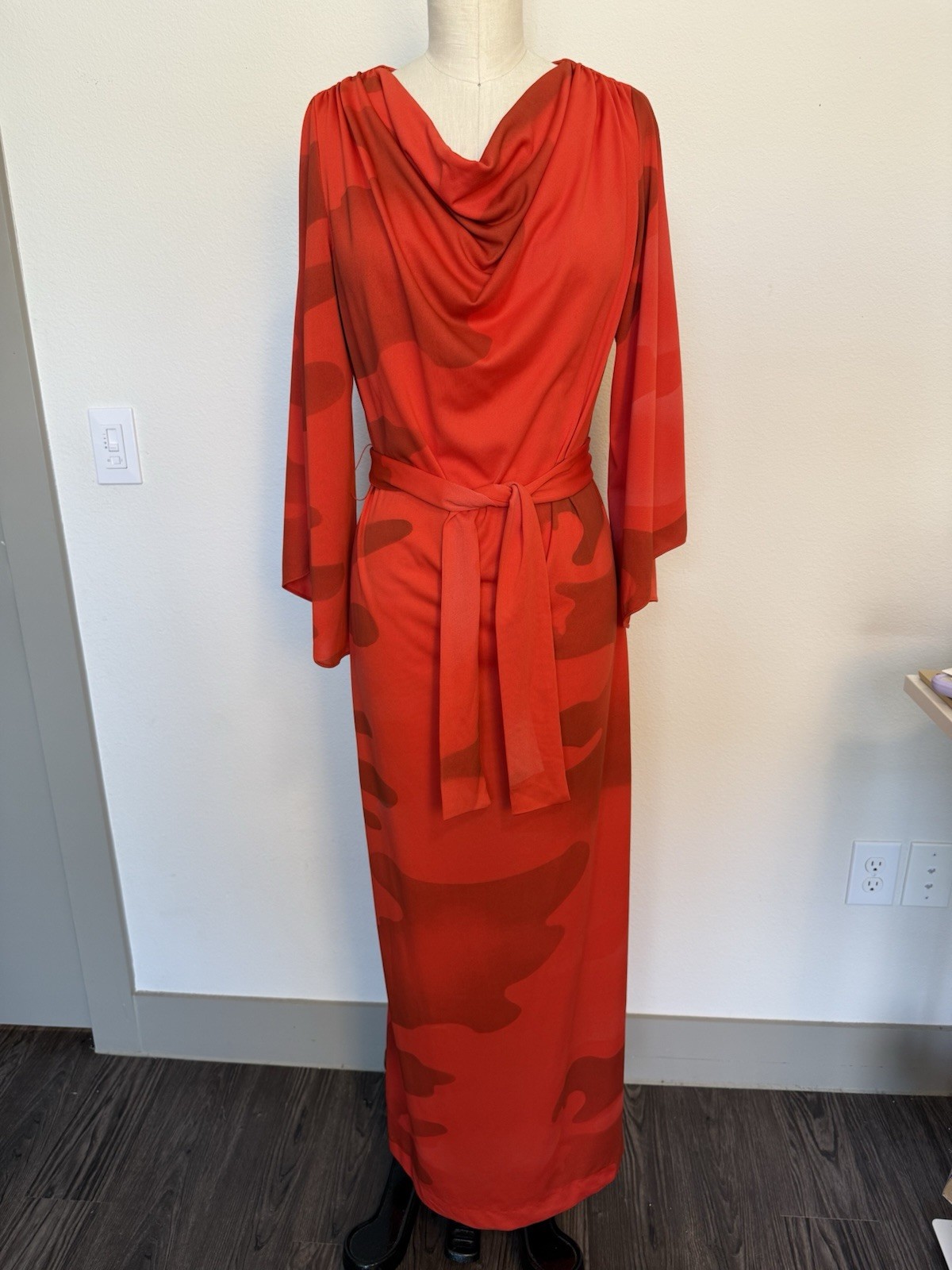 70s Solo San Francisco Red Watercolor Print Maxi Dress, Bell Sleeves, Size 13/14