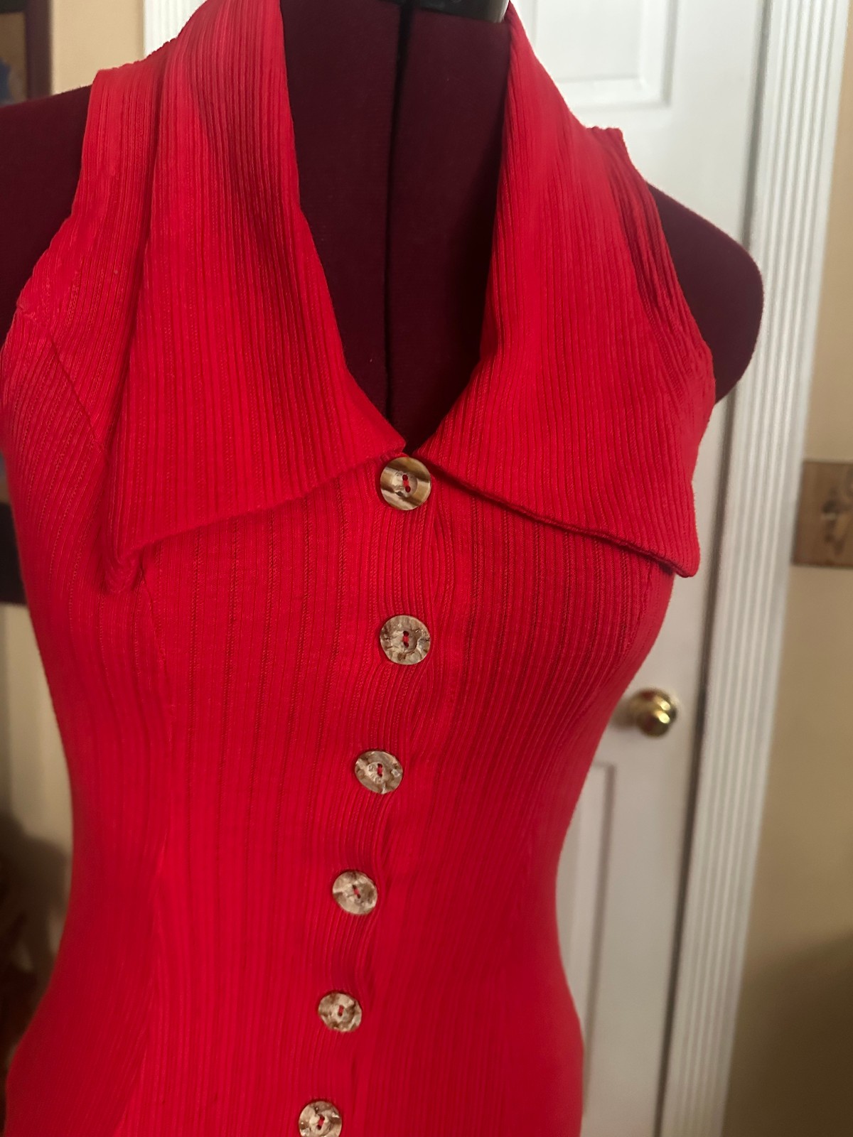Vintage 100% Cotton Womens Button Front Maxi Dress Red Classic Sundress XS