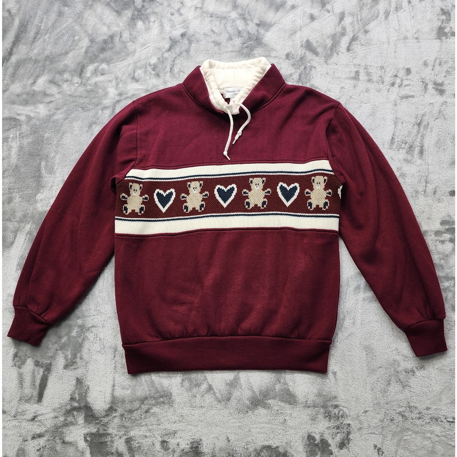 Vintage 90s Bonnie Evans Sport Sweatshirt Women M Funnel Neck Teddy Bears Hearts