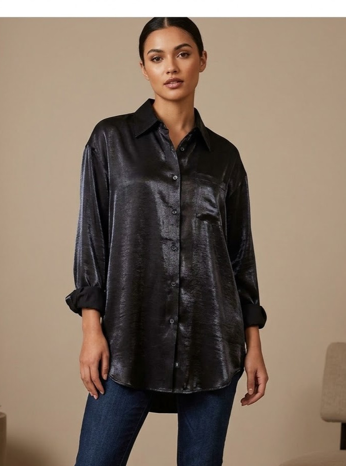 Vtg. Women’s Allison Taylor Oversized Black Big Shirt Shimmery Top Blouse Size S