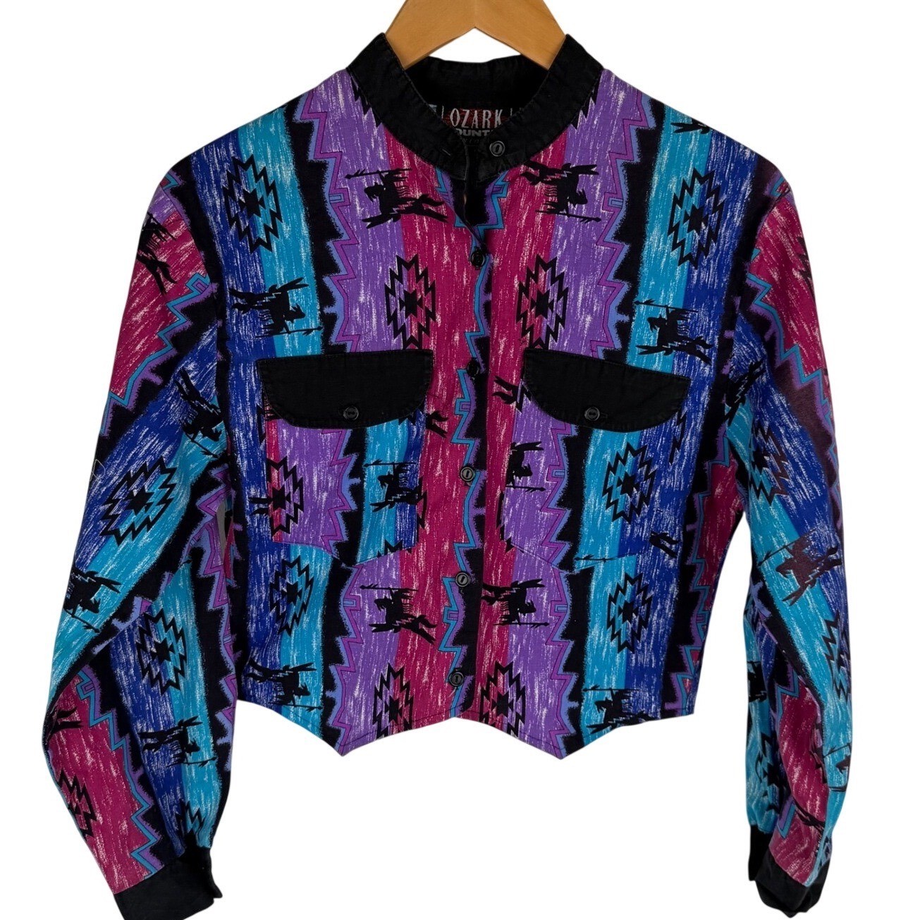VTG 80s Ozark Mountain Southwestern Tribal Print Button Up Shirt Purple Teal