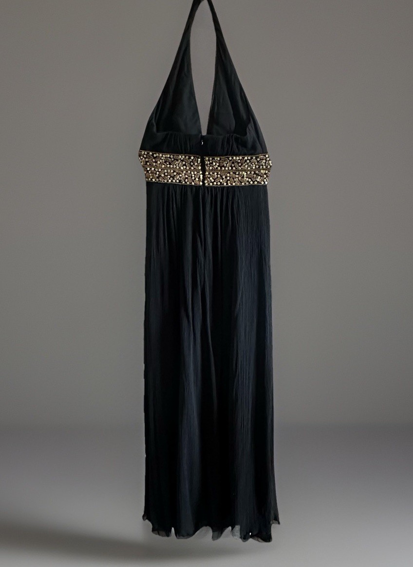 Y2K Black Maxi Dress Halter Sz 4 Beaded Waist Evening Cocktail Party Kay Unger