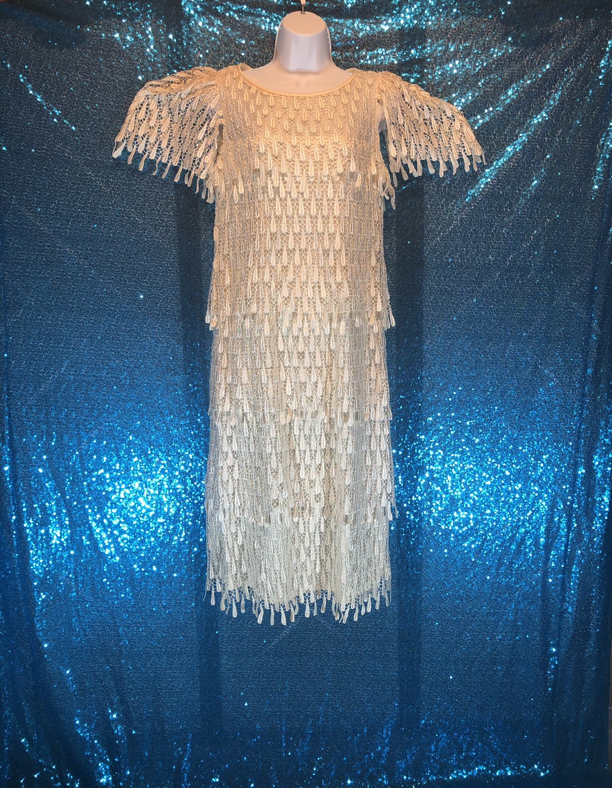 1980’s Vintage Samax Ivory Layered Dress Great Gatsby Flapper Crochet Lined~S