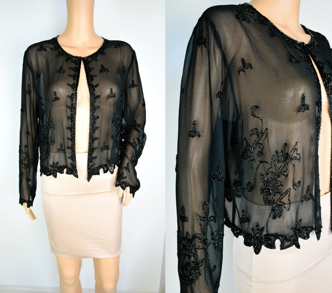 VTG 90s JKARA Black Sheer Beaded Cocktail Party Dress Top Bolero Cropped Jacket
