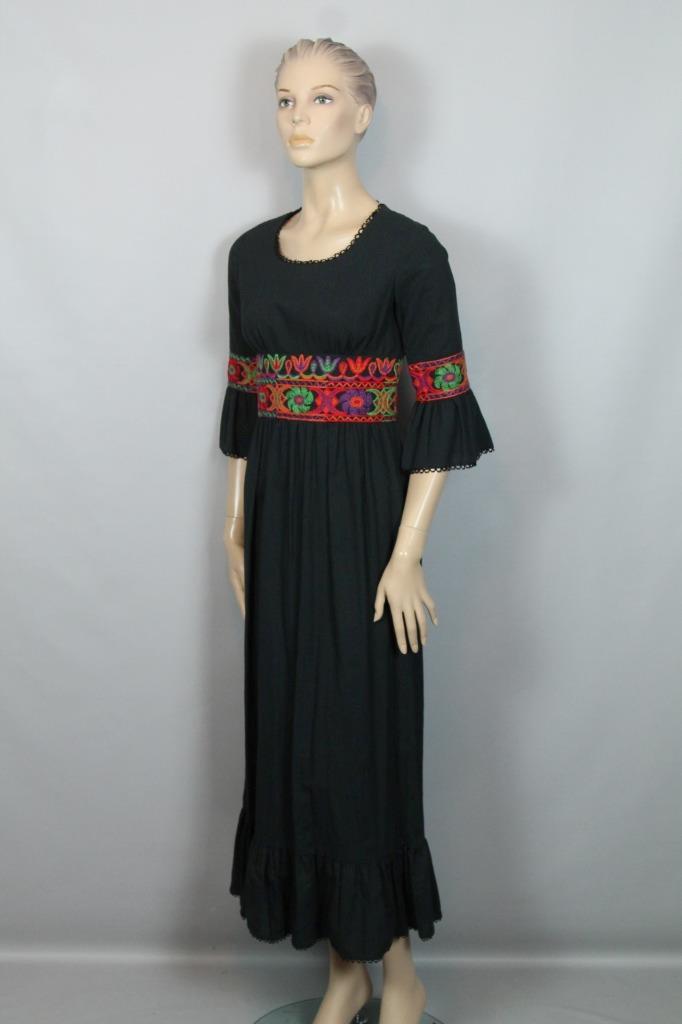 Vtg 70s RUTH NORMAN for GAY GIBSON Ethnic Embroidered Black Fit Flare Dress 9
