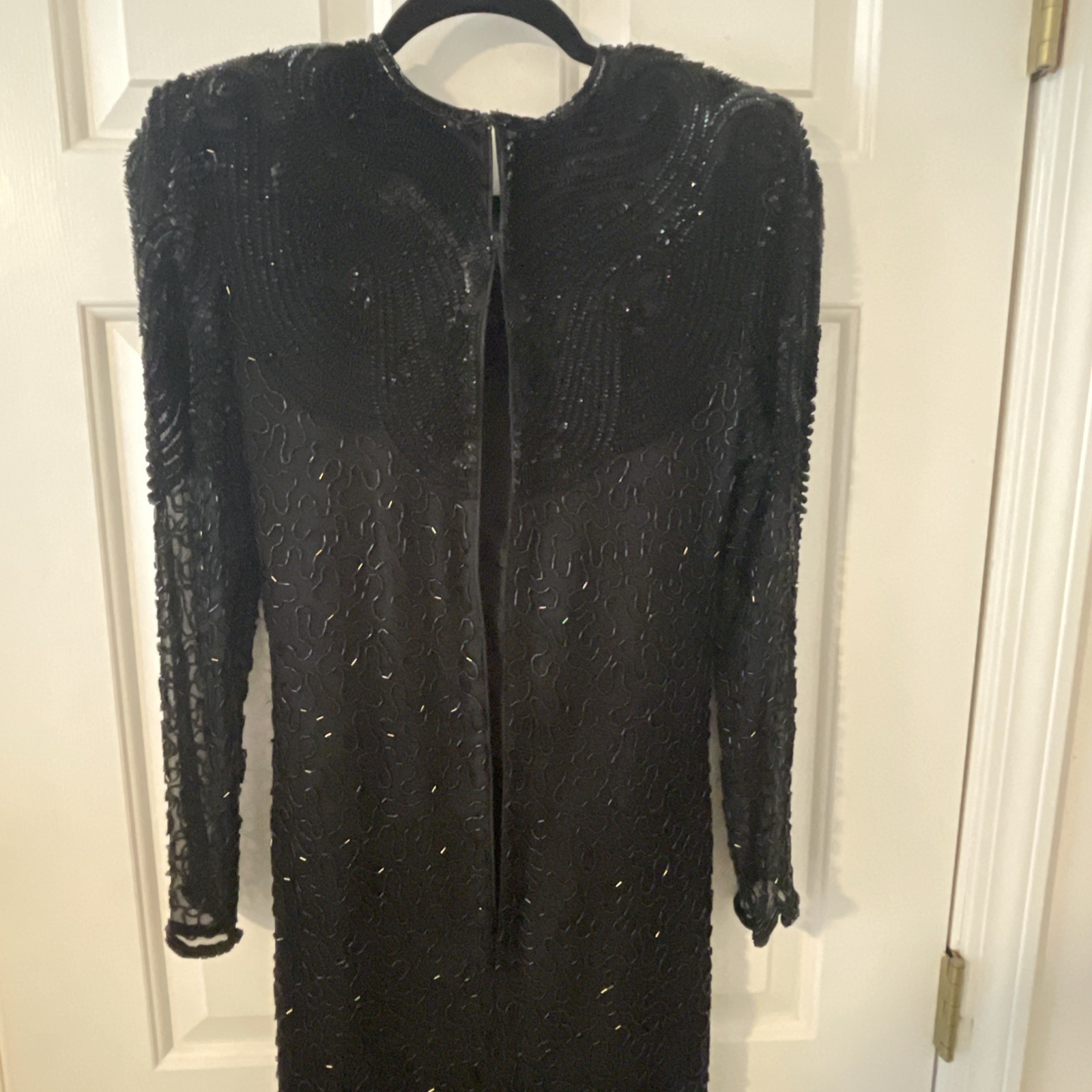 Vtg SWEELO Black 100% Silk Sequin Beaded Slim Fit Long Evening Party Dress Sz S
